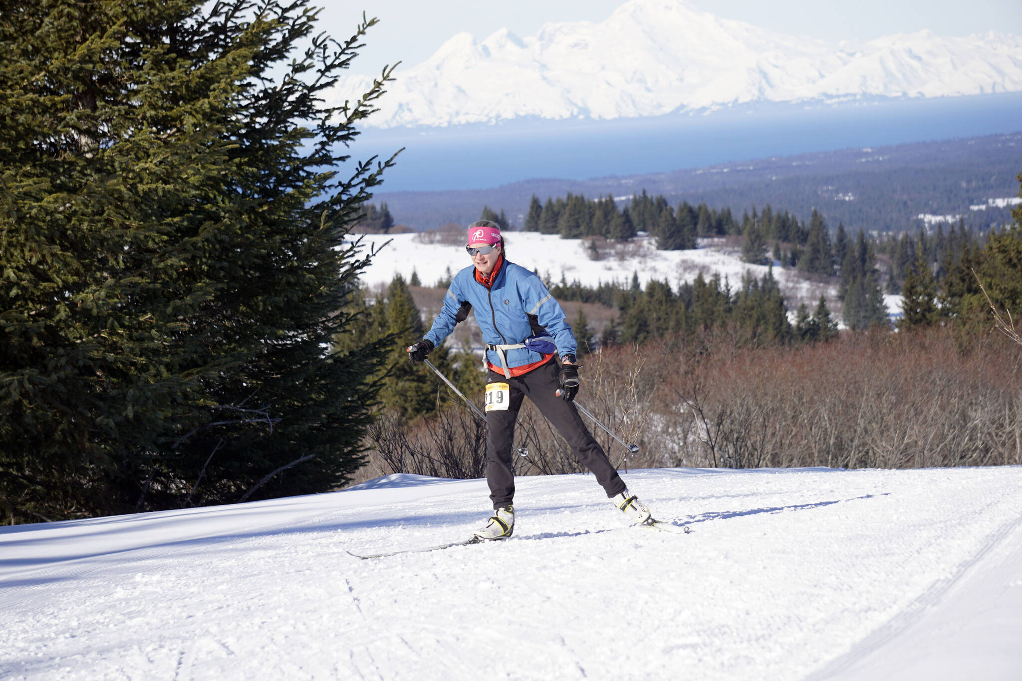 Anchrorage’s Julie Truskowski skis in the 25-kilometer women’s race at the Kachemak Ski Marathon on Saturday, March 19, 2022, near Homer, Alaska. (Photo by Michael Armstrong/Homer News)