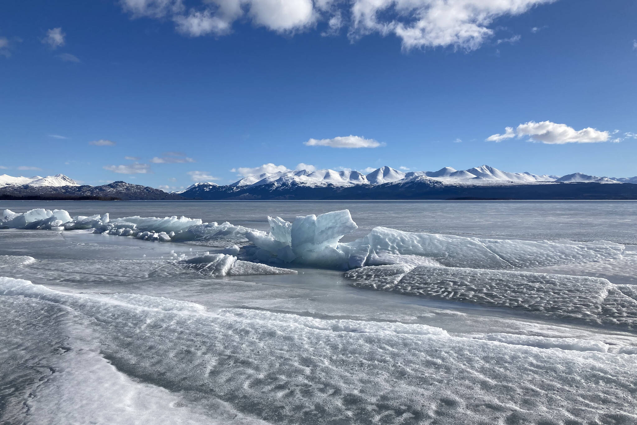 Ice juts out from Skilak Lake on Sunday, March 20, 2022, in the Kenai National Wildlife Refuge, Alaska. (Photo by Jeff Helminiak/Peninsula Clarion)