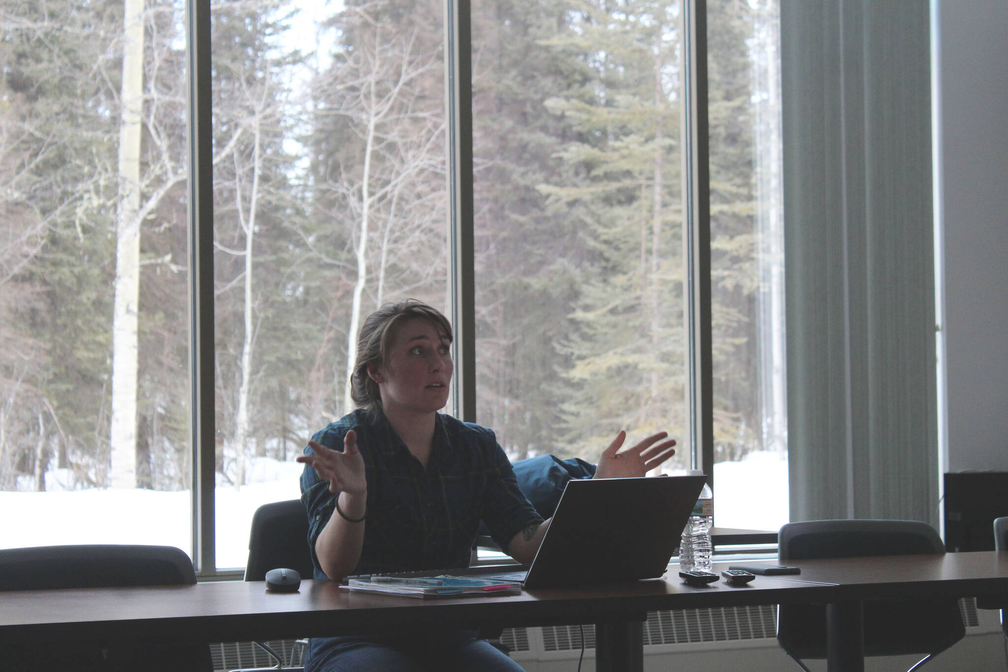 Kenai Peninsula Borough Land Management Agent Dakota Truitt presents information about the borough’s new timber sale and reforestation project at the Donald E. Gilman Kenai River Center on Tuesday, March 22, 2022, in Soldotna, Alaska. (Ashlyn O’Hara/Penisula Clarion)