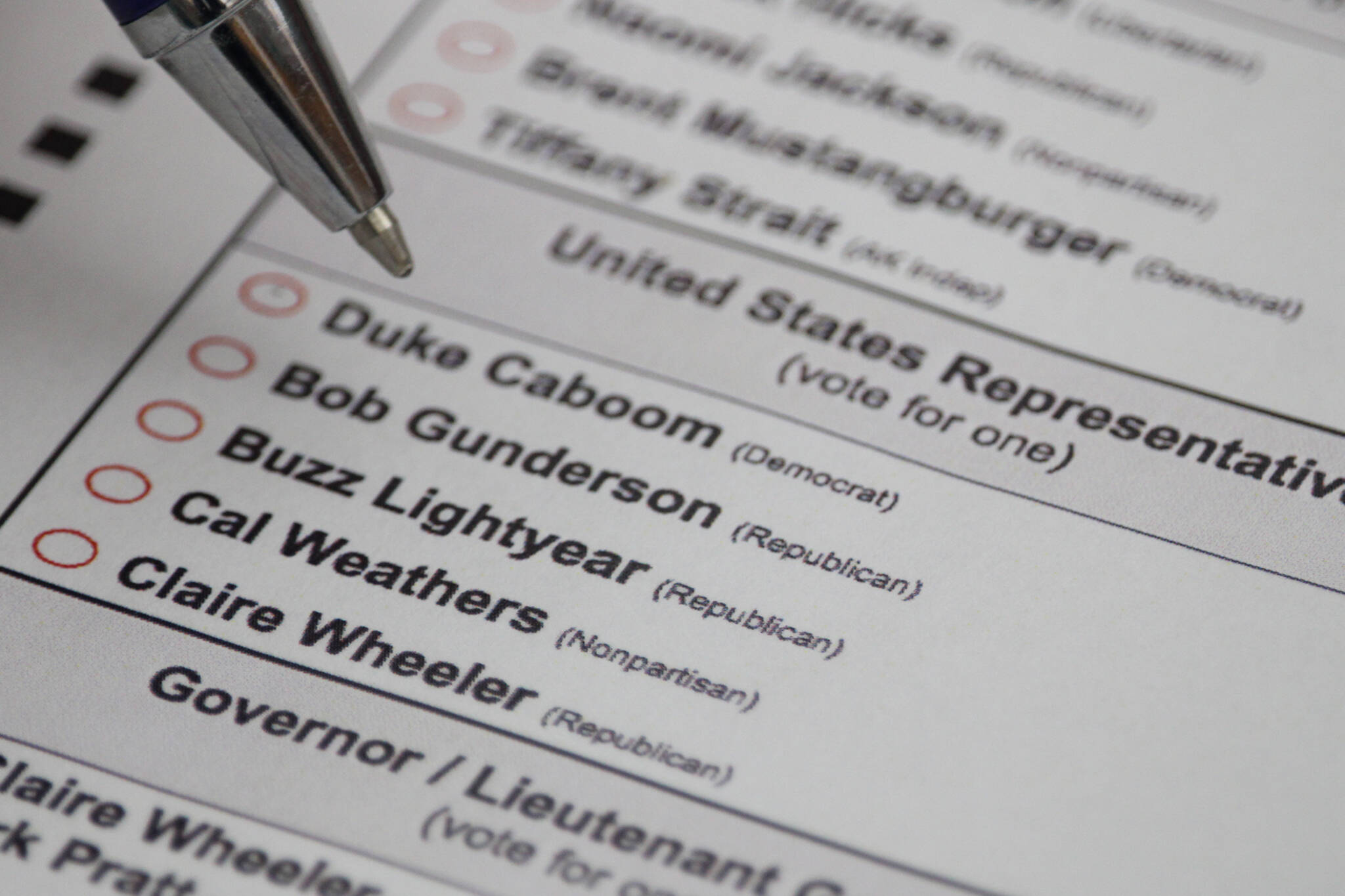 A would-be voter considers the candidates on a sample ballot released by the state of Alaska in March 2021. The Alaska Division of Elections has announced the dates for the special elections to select a replacement for Rep. Don Young, R-Alaska, who died recently. (Ben Hohenstatt / Juneau Empire file)