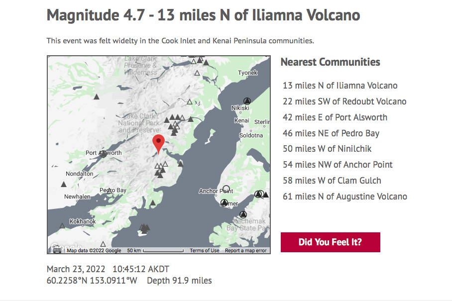 A magnitude 4.7 earthquake struck 13 miles north of Mount Iliamna on the western side of the Kenai Peninsula on Wednesday, March 23, 2022, in Alaska. (Screenshot/The Alaska Earthquake Center)