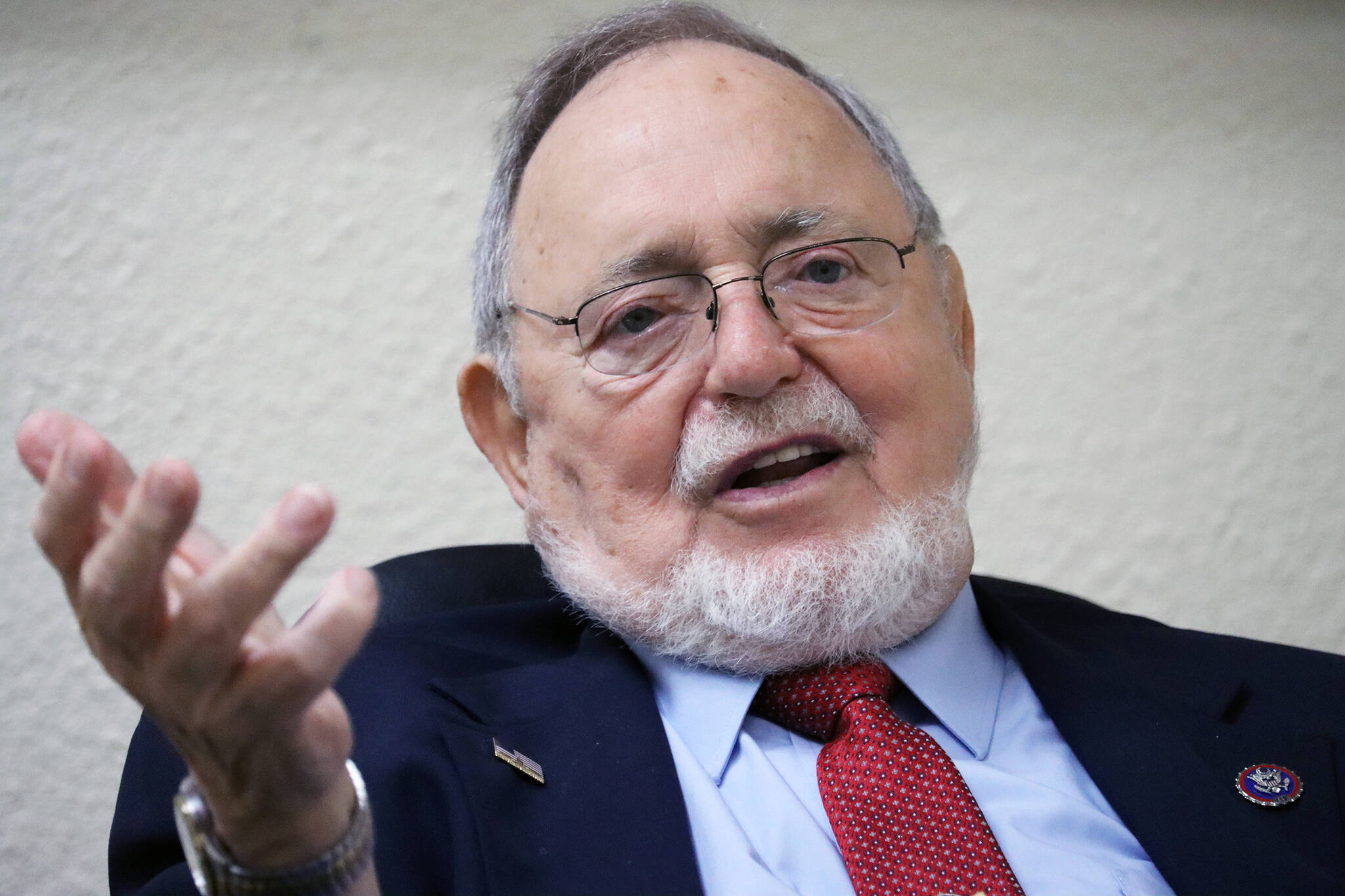 Don Young talks during a visit to the Empire offices in June of 2021. Memorials for Alaska’s longtime at-large congressman are planned for Washington and Anchorage. (Ben Hohenstatt / Juneau Empire File)