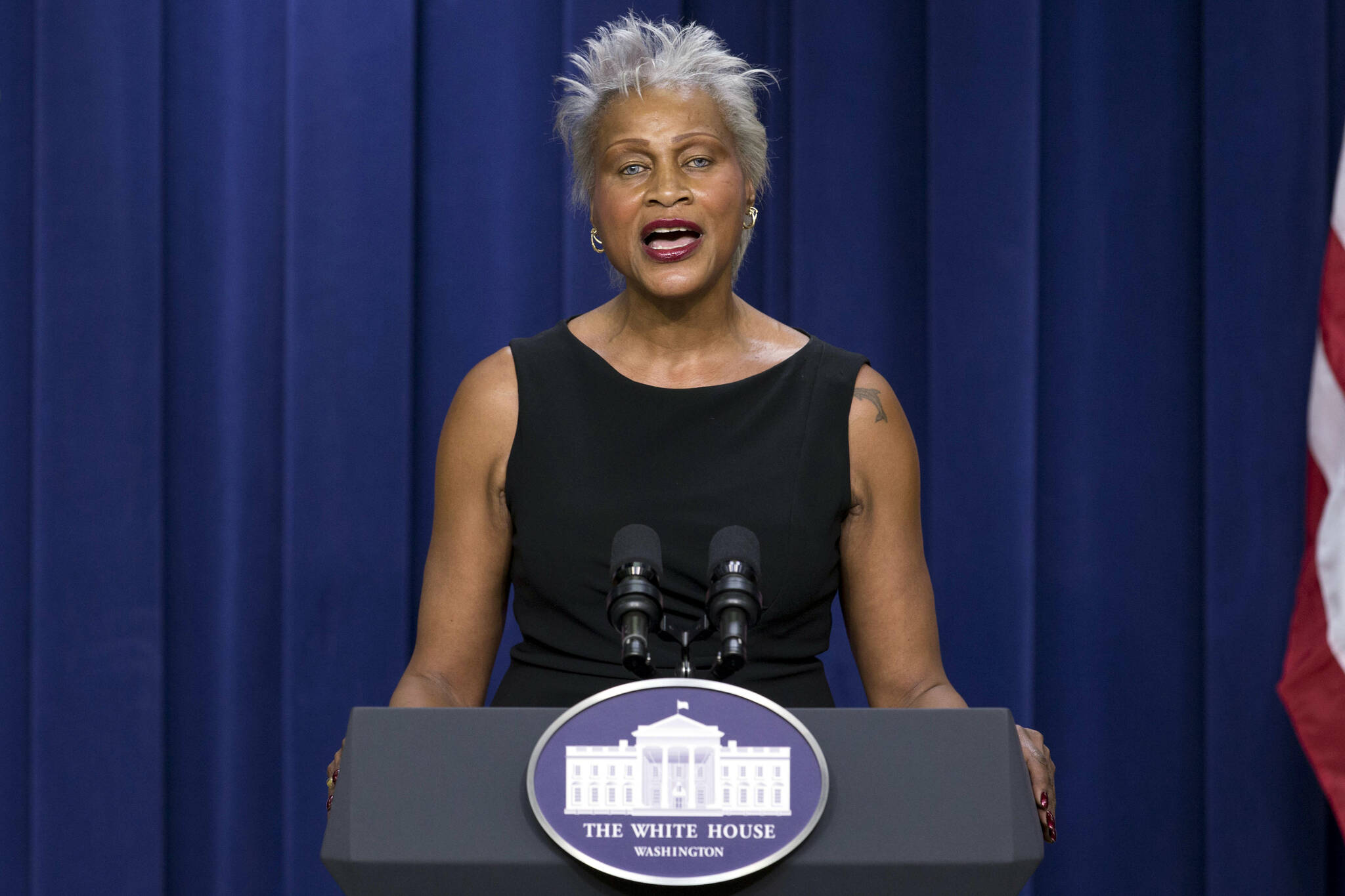In this Sept. 16, 2015 file photo, Elvi Gray-Jackson, of Anchorage, Alaska, speaks at the White House complex in Washington as part of former first lady Michelle Obama’s Let’s Move! initiative. Gray-Jackson, a Democrat, announced Friday, March 25, 2022, that she is ending her run for U.S. Senate in Alaska and instead will seek reelection to the state Senate. (AP Photo/Carolyn Kaster, File)