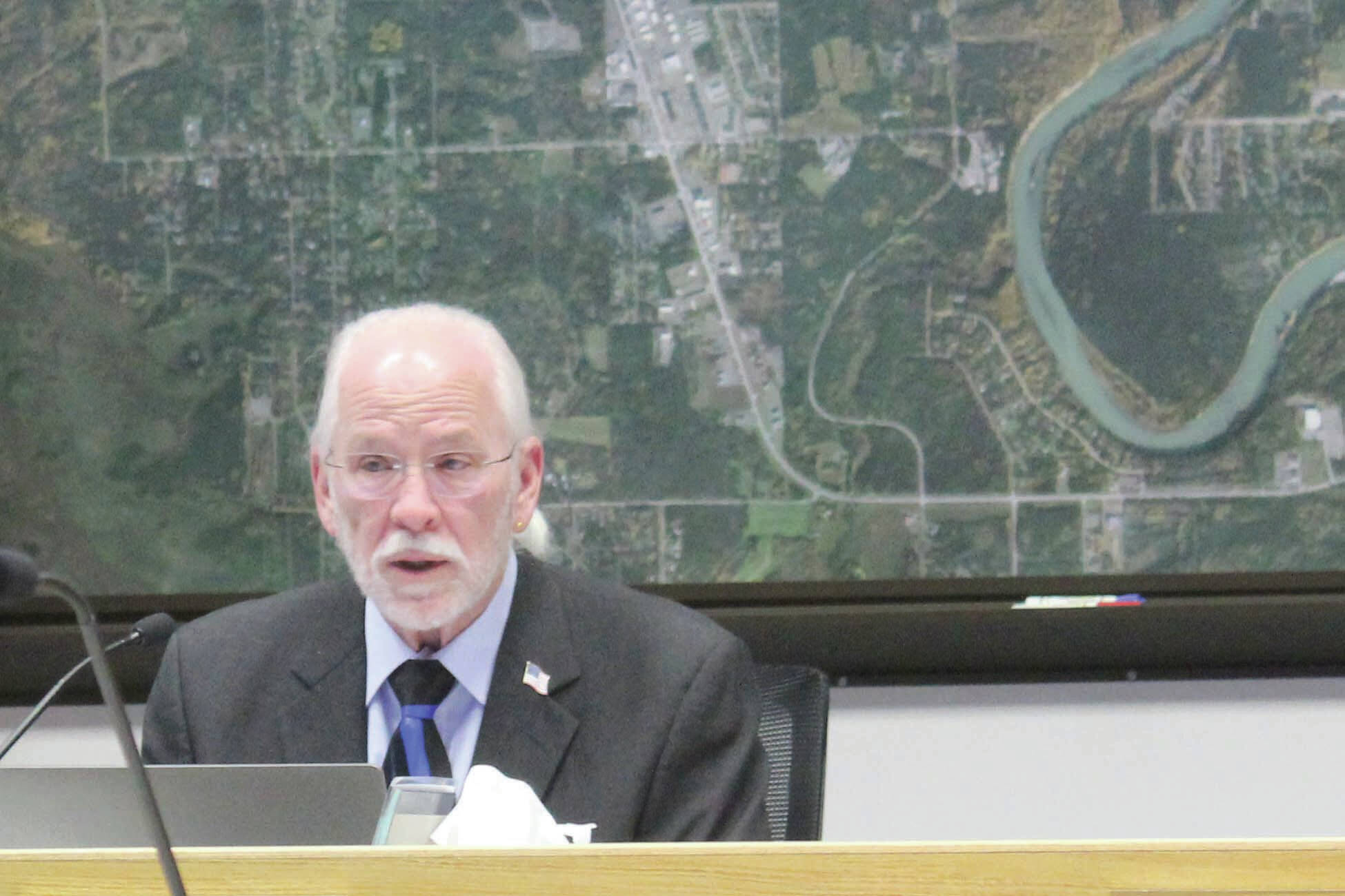 Soldotna Mayor Paul Whitney speaks during a meeting of the Soldotna City Council on Wednesday, Feb. 23, 2022, in Soldotna, Alaska. (Ashlyn O’Hara/Peninsula Clarion)