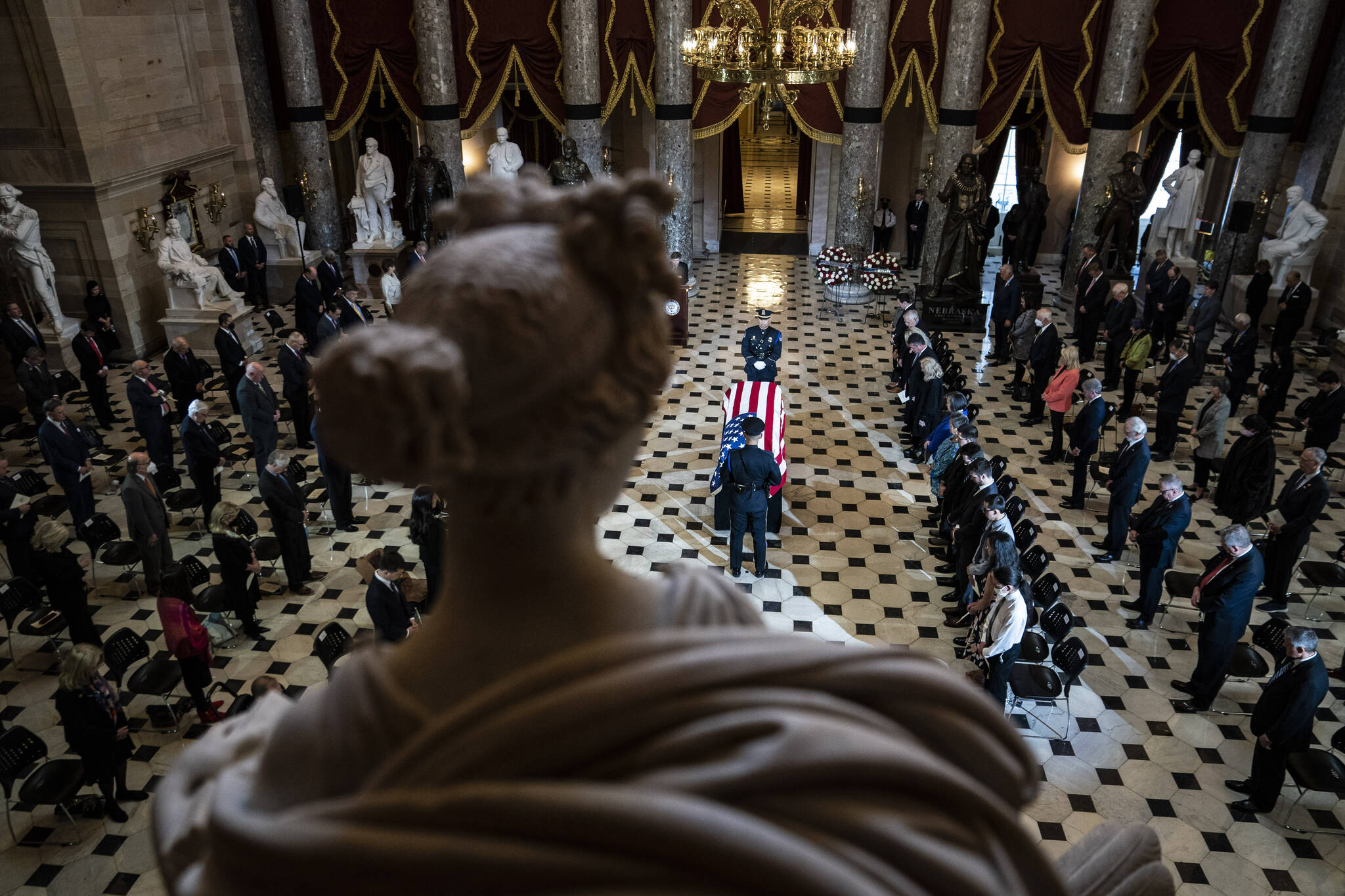 House Chaplain Margaret G. Kibben speaks during a ceremony for the late Rep. Don Young, R-Alaska, as he lies in state in Statuary Hall, Tuesday, March 29, 2022, at the Capitol in Washington. Young, the longest-serving member of Alaska’s congressional delegation, died Friday, March 18, 2022. He was 88. (Jabin Botsford/The Washington Post via AP, Pool)