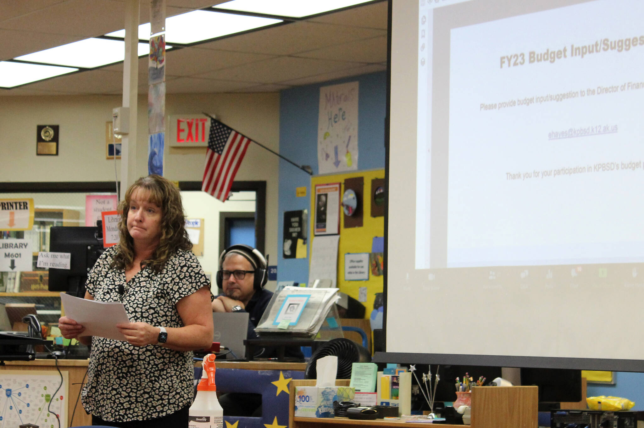 KPBSD Finance Director Elizabeth Hayes (left) gives a presentation on the school district’s FY23 budget at Soldotna High School on Thursday, Oct. 8, 2021 in Soldotna, Alaska. (Ashlyn O’Hara/Peninsula Clarion)