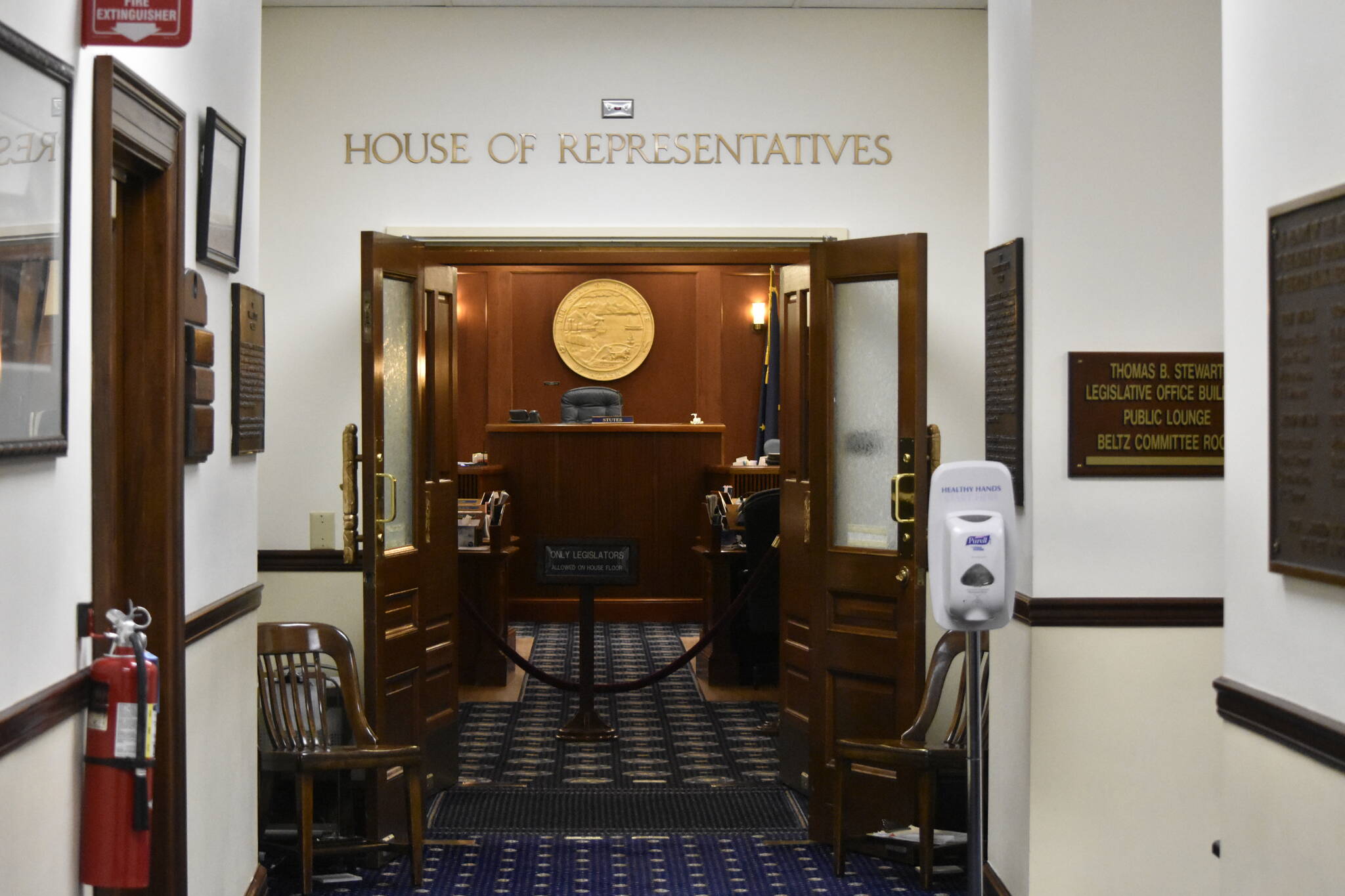 Peter Segall / Juneau Empire
The chamber of the Alaska House of Represenatives was empty on Wednesday after floor sessions in the body were canceled as three Republican lawmakers refuse to comply with masking requirements reinstated amid an outbreak of COVID-19 among House members and their staff.