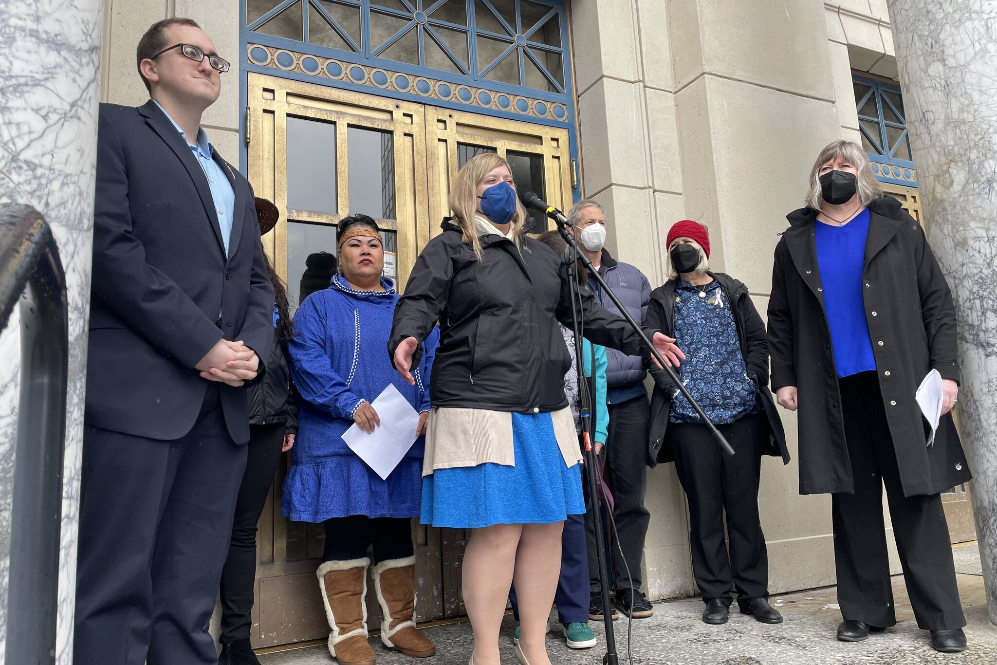 Michael S. Lockett / Juneau Empire
Rep. Geran Tarr, D-Anchorage, center, speaks as state lawmakers and children’s welfare advocates attend a Blue Shirt Day event at the Alaska State Capitol, honoring the beginning of Child Abuse Prevention Month on April 1, 2022.