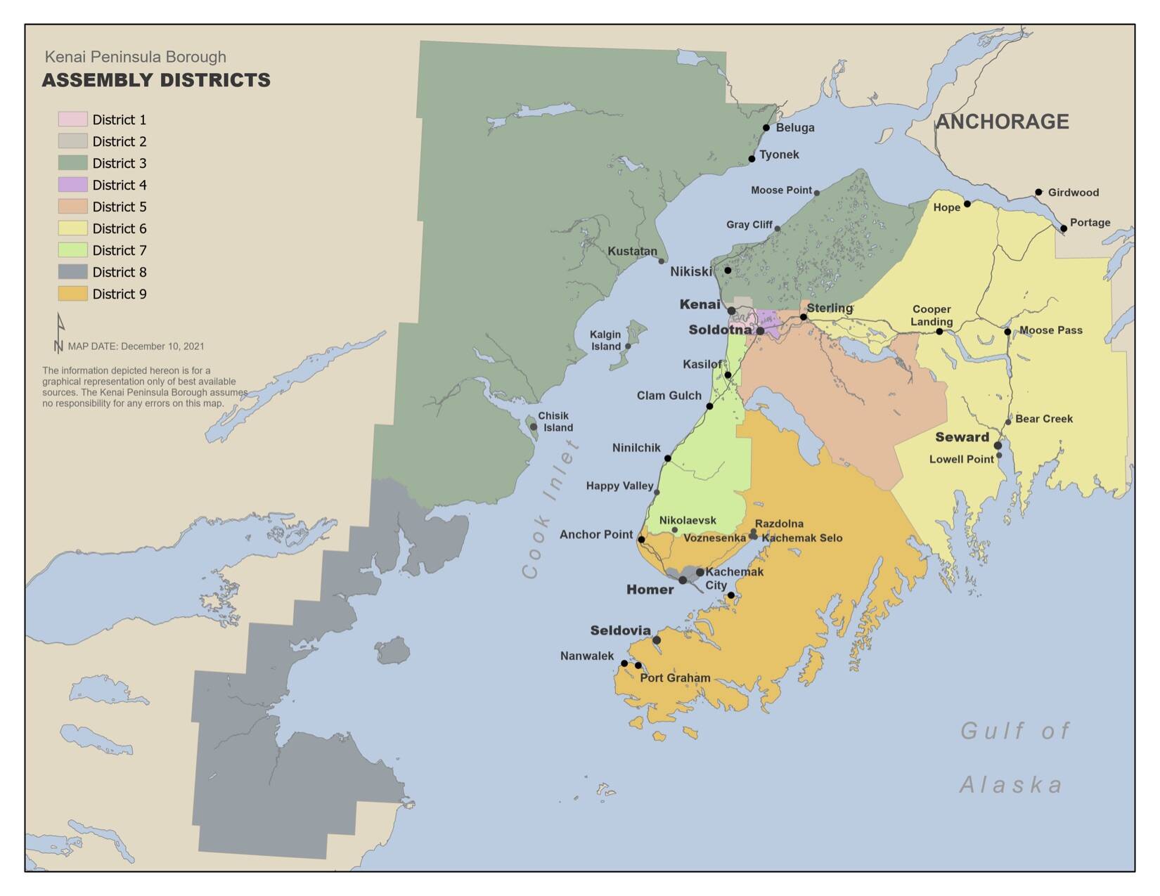 Current Kenai Peninsula Borough Assembly districts. (Map courtesy Kenai Peninsula Borough)