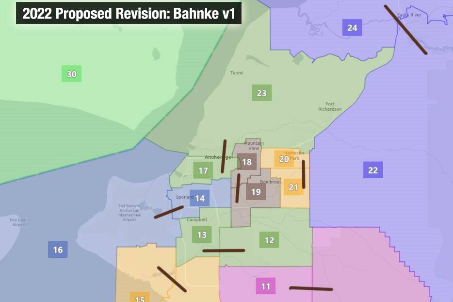 A proposed map from Alaska Redistricting Board member Melanie Bahnke shows possible pairings of Alaska House of Representatives districts in Anchorage for the Alaska State Senate. The Alaska Supreme Court ruled last month the board acted unconstitutionally in its proposals and issued an April 15 deadline to present acceptable maps. (Screenshot)