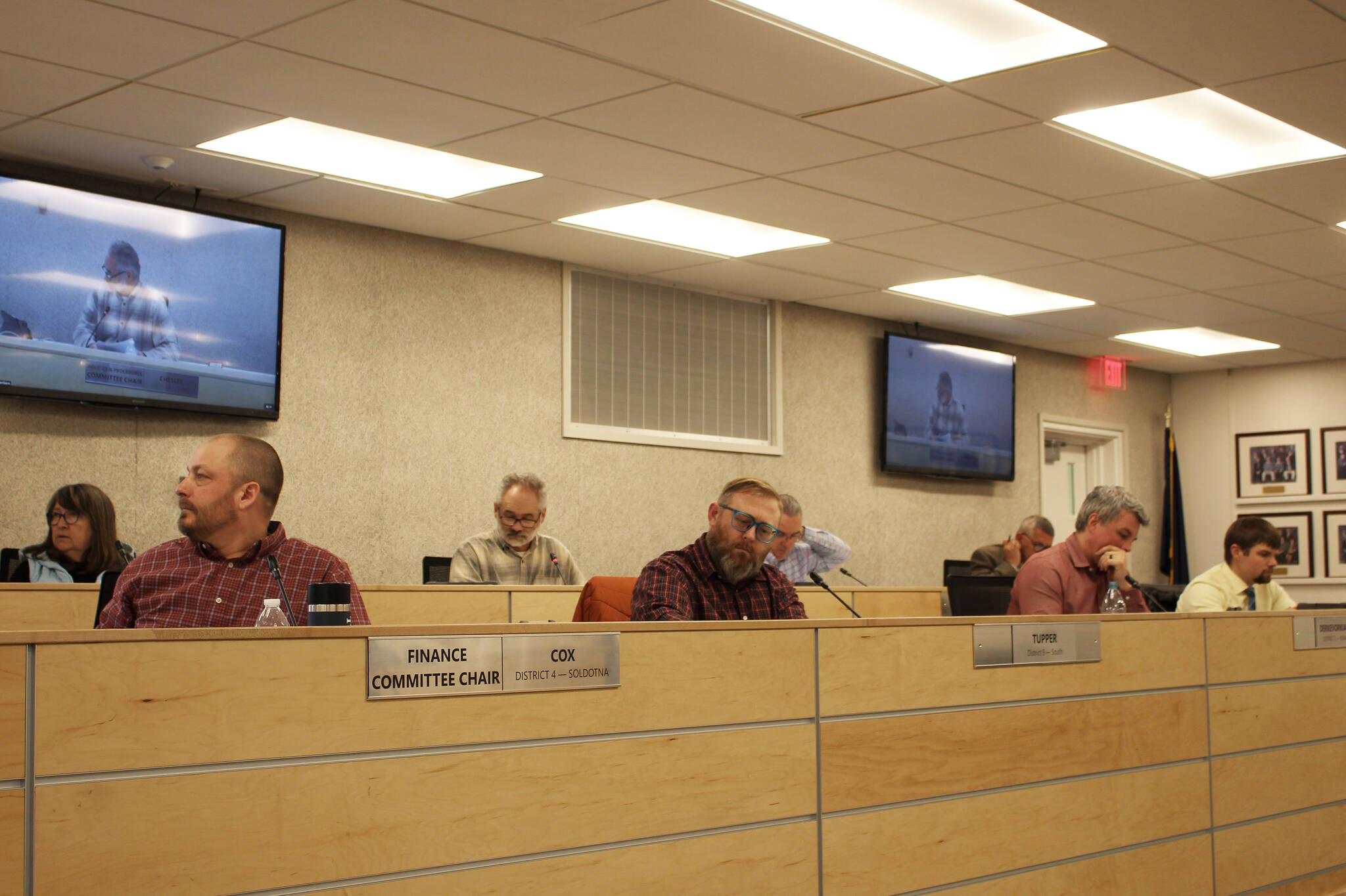 Members of the Kenai Peninsula Borough Assembly participate in a meeting on Tuesday, April 5, 2022, in Soldotna, Alaska. (Ashlyn O’Hara/Peninsula Clarion)