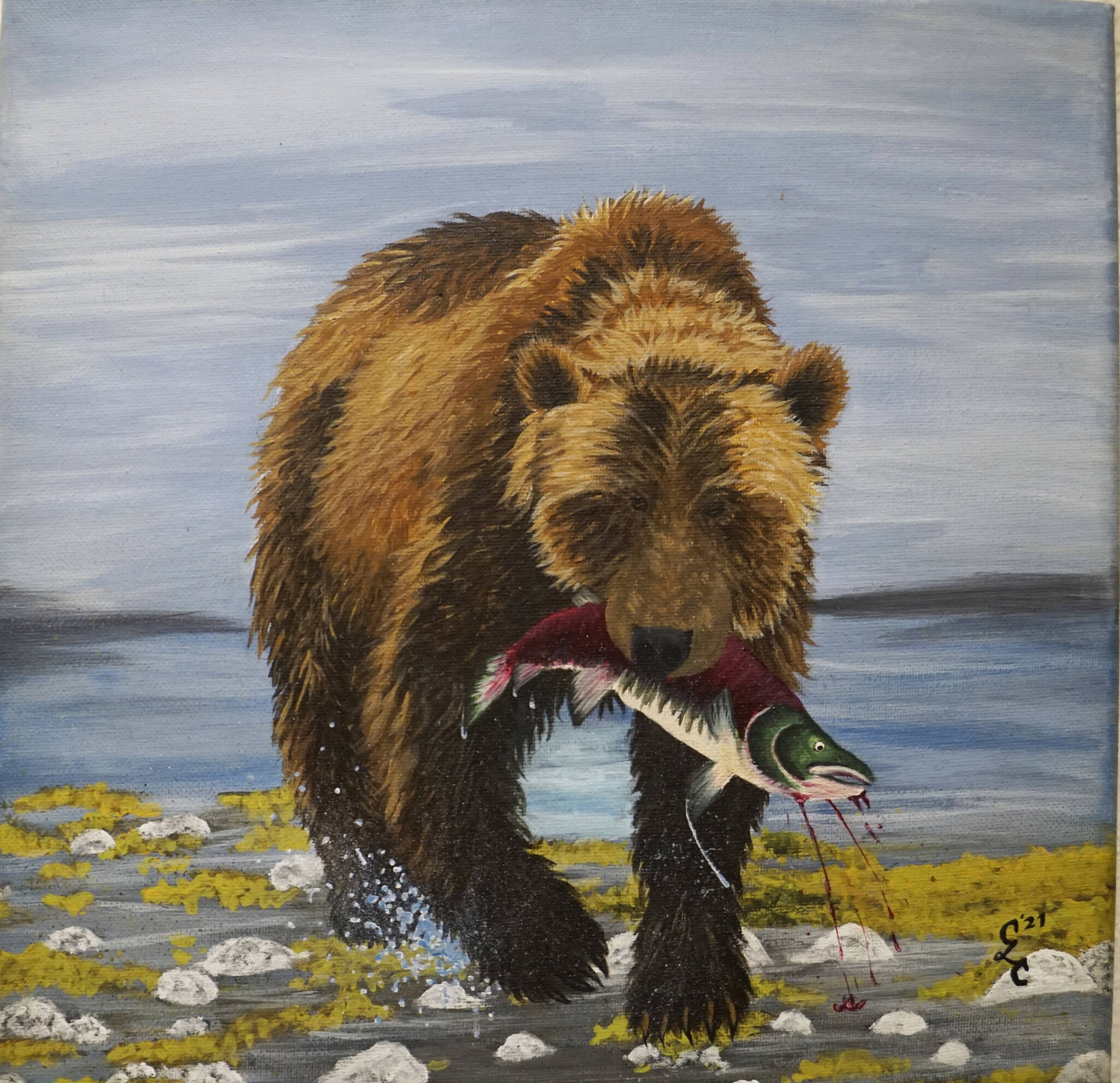 Grade 11 Ninilchik School student Cadence Campbell’s “Bear with Salmon.” (Photo by Michael Armstrong/Homer News)