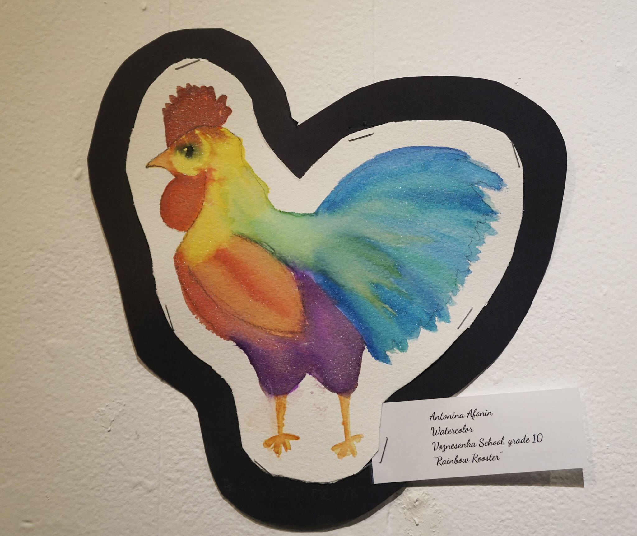 Grade 10 Voznesenka School student Antonia Afonin’s “Rainbow rooster.” (Photo by Michael Armstrong/Homer News)