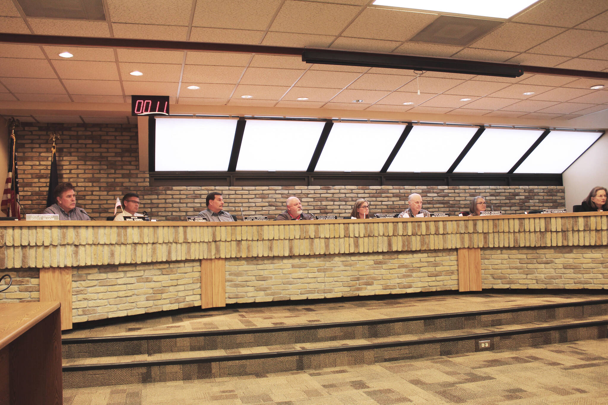 Members of the Kenai City Council participate in a council meeting on Wednesday, March 16, 2022, in Kenai, Alaska. (Ashlyn O’Hara/Peninsula Clarion)