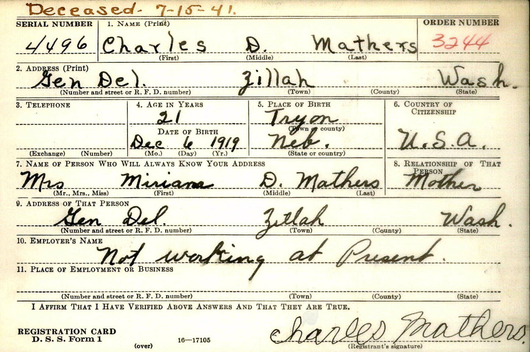 Only months before his death in 1941, Miriam Mathers’ son Charles registered for the military draft.