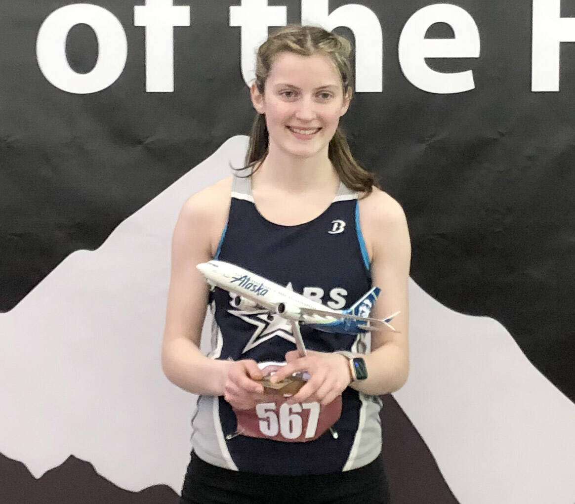 Soldotna’s Kaytlin McAnelly won the Alaska Airlines Pentathlon on Saturday, April 9, 2022, at the Big C Relays at The Dome in Anchorage, Alaska. (Photo provided)