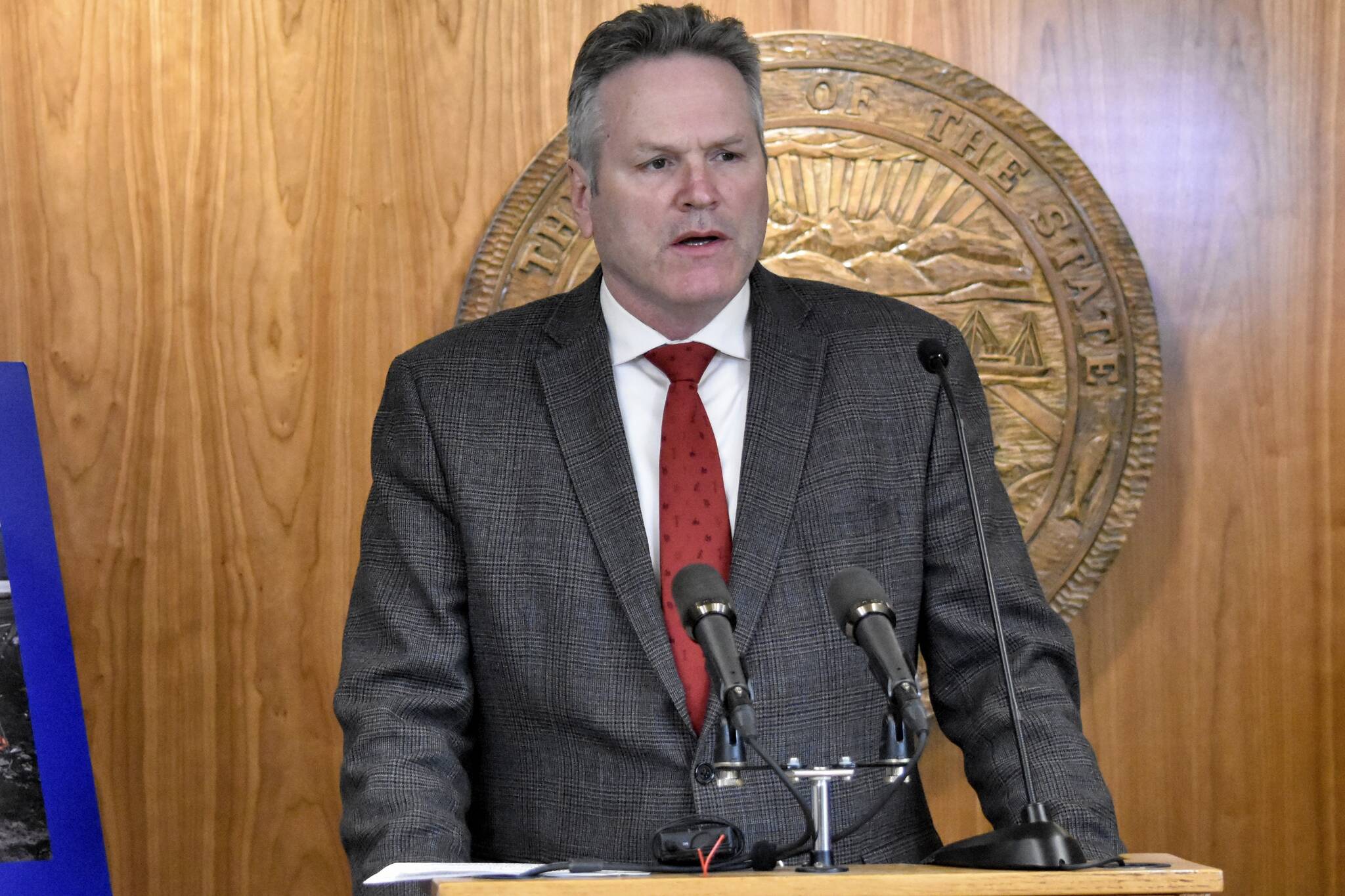 Peter Segall / Juneau Empire file
Gov. Mike Dunleavy — seen here speaking with reporters in the Cabinet Room at the Alaska State Capitol on March 8, 2022 — spoke to the Empire recently about his approach to government after having served as Alaska’s chief executive.