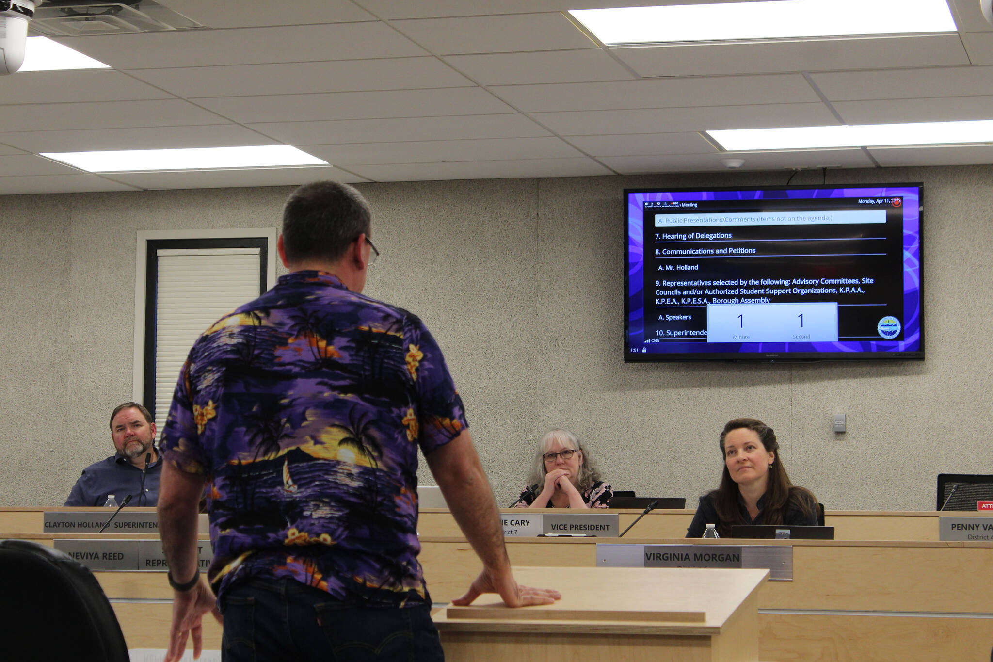 Soldotna High School teacher Dr. Paul Marks testifies before the Kenai Peninsula Borough School District Board of Education on Monday, April 11, 2022, in Soldotna, Alaska. (Ashlyn O’Hara/Peninsula Clarion)