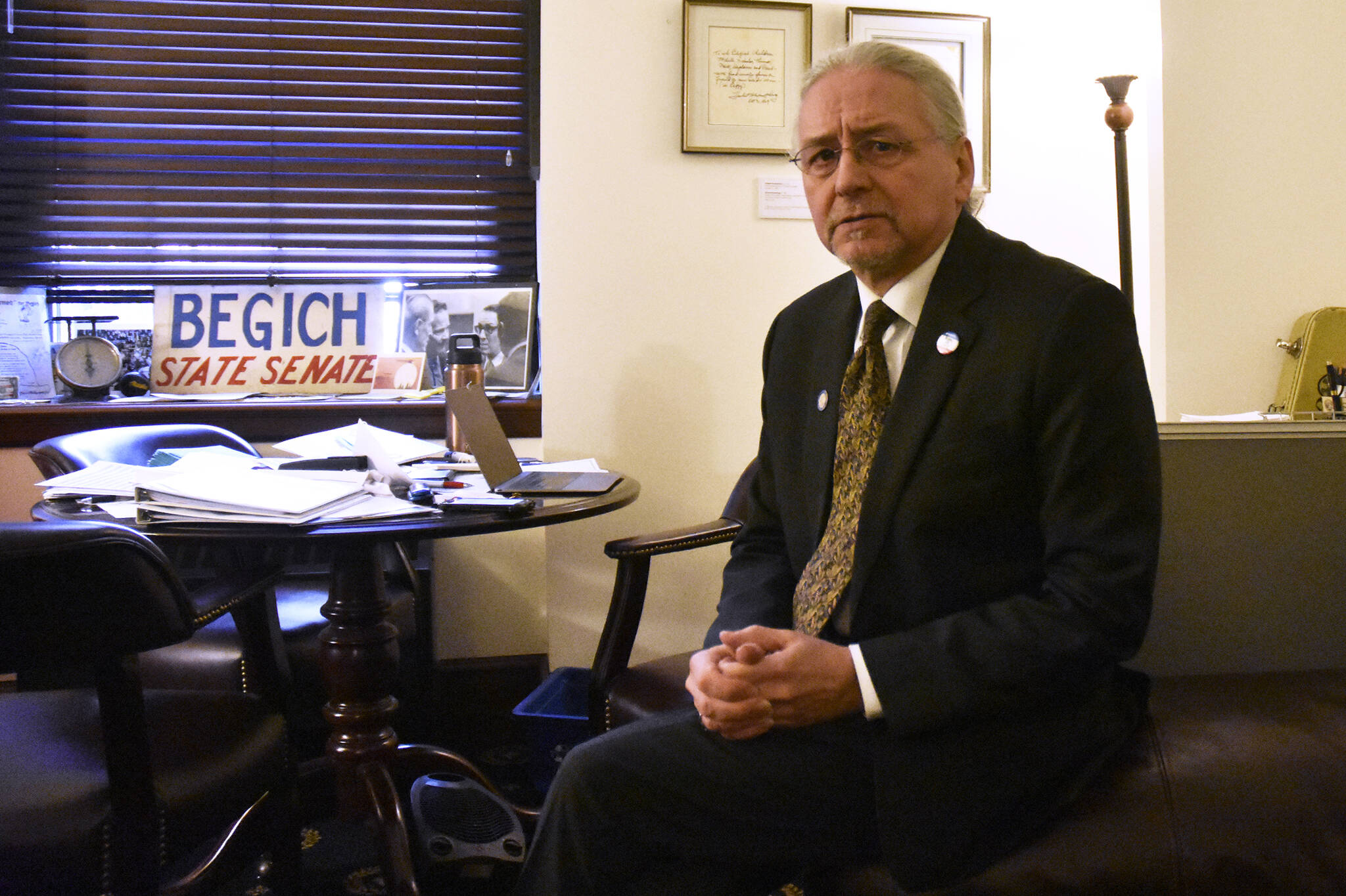Peter Segall / Juneau Empire 
Sen. Tom Begich, D-Anchorage, spoke with the Empire in his office at the Alaska State Capitol on Tuesday, April 12, 2022, after the Alaska State Senate passed the Alaska Reads Act, a bill he originially introduced with Gov. Mike Dunleavy in 2020.