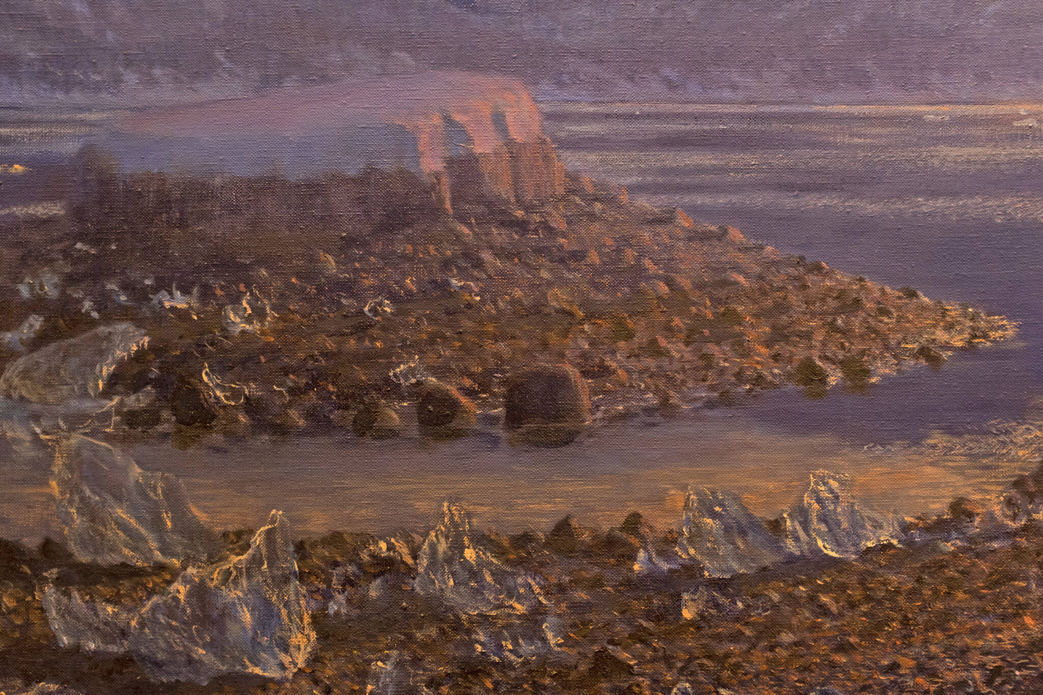 A close up of ice in one of David Rosenthal’s paintings from his show, “Painting at the End of the Ice,” on display at the Pratt Museum & Park in Homer, Alaska. (Photo by Sean McDermott)