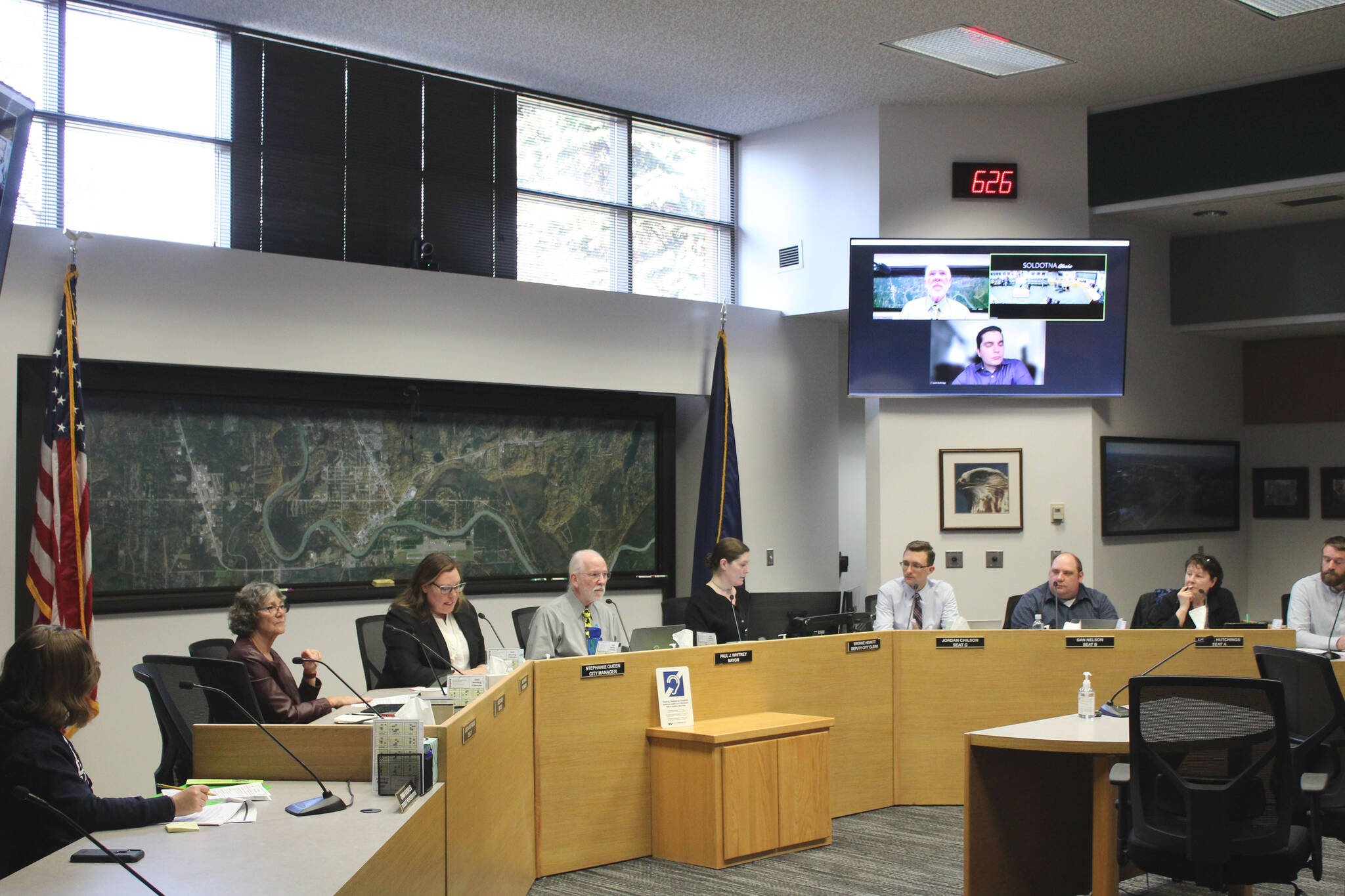 The Soldotna City Council convenes on Wednesday, April 13, 2022, in Soldotna, Alaska. (Ashlyn O’Hara/Peninsula Clarion)