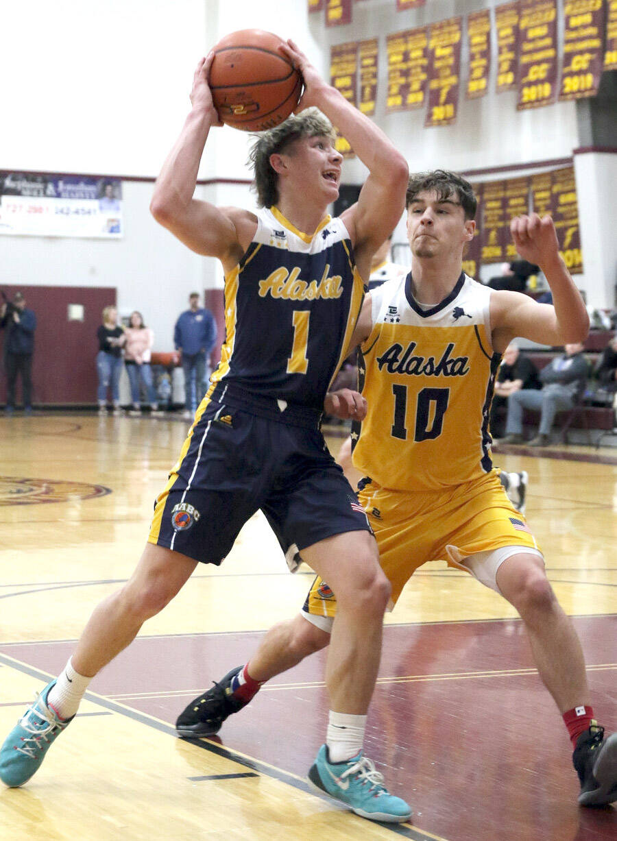 Ninilchik senior Landon Colburn goes to the basket during the Alaska Association of Basketball Coaches 1A/2A boys senior all-star game Saturday, April 16, 2022, at Grace Christian School in Anchorage, Alaska.(Photo by Ron Jones/matsusports.net)