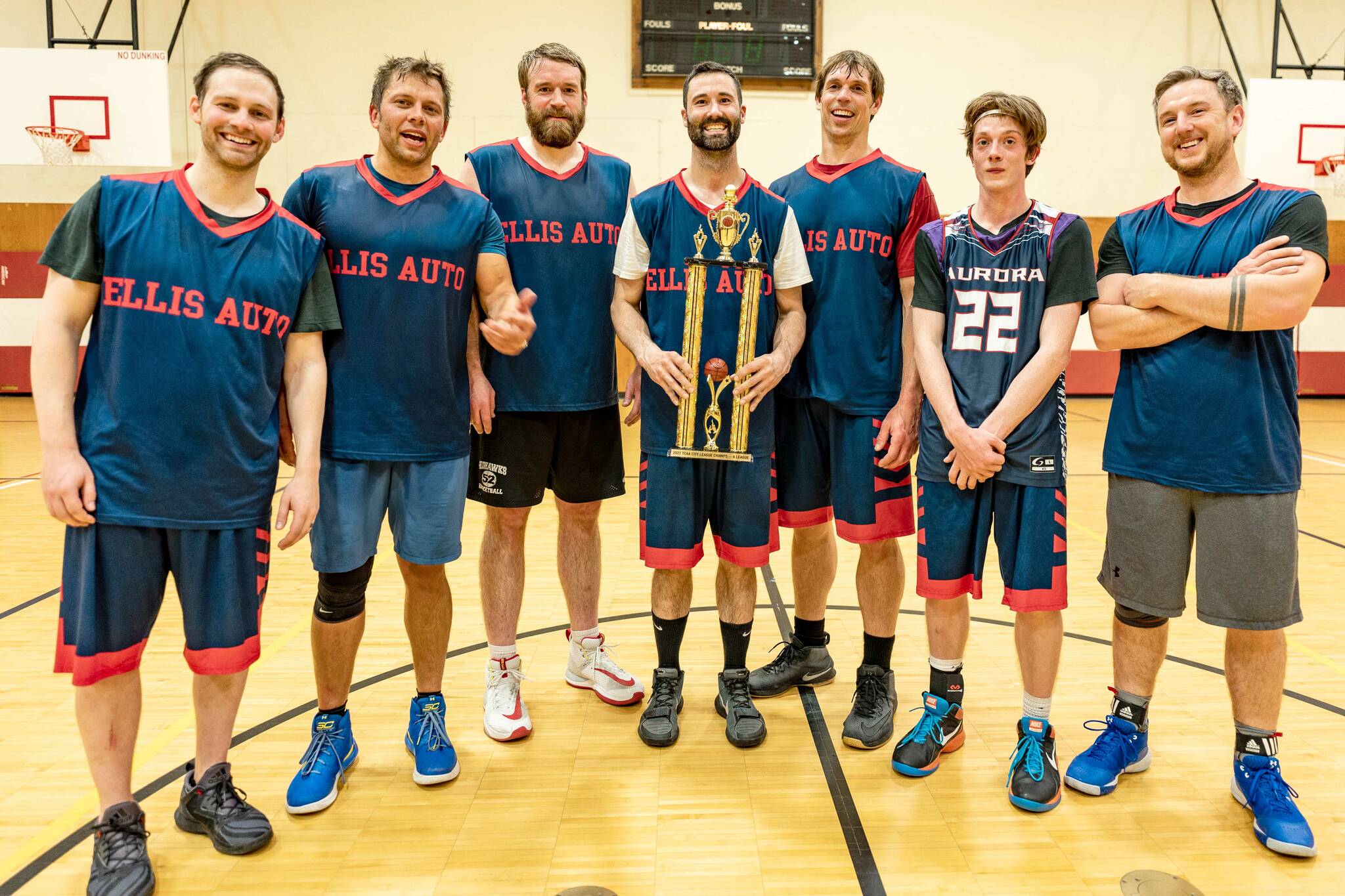 Ellis Auto won the A League championship Friday in Kenai. From left to right are Nate Gerke, Miles Jorgensen, Kyle Kornelis, Casey Ellis, Erik Lehmann, Noah Litke and Mike Miller. (Photo courtesy of Vaughn Johnson)