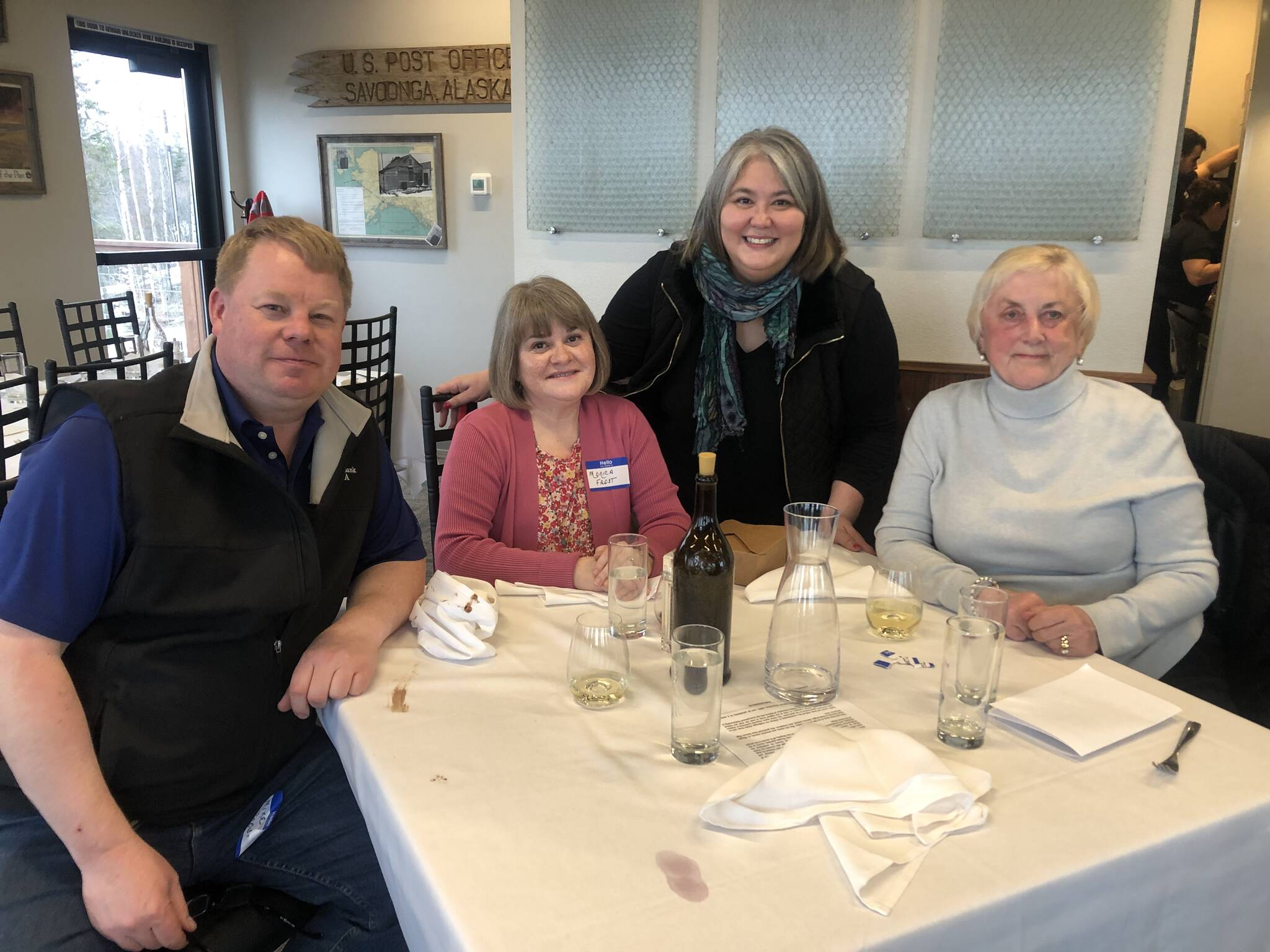 (From left) Mike Frost, Monica Frost, Tara Sweeney and Sue Carter attend a campaign meet and greet at Addie Camp on Saturday, April 16, 2022 in Soldotna, Alaska. Sweeney is running to fill the seat of former U.S. House Rep. Don Young, who died in March. (Photo courtesy Karina Waller)