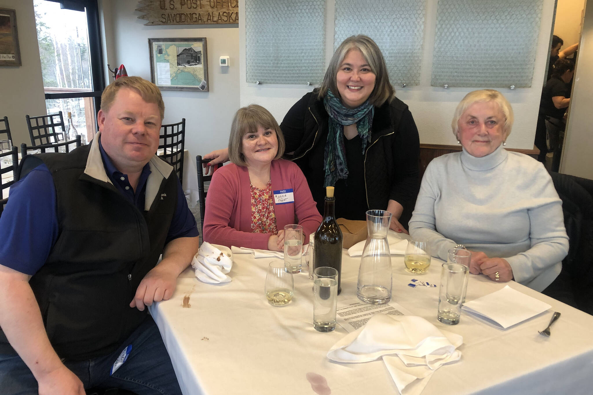 (From left) Mike Frost, Monica Frost, Tara Sweeney and Sue Carter attend a campaign meet and greet at Addie Camp on Saturday, April 16, 2022, in Soldotna, Alaska. Sweeney is running to fill the seat of former U.S. House Rep. Don Young, who died in March. (Photo courtesy Karina Waller)