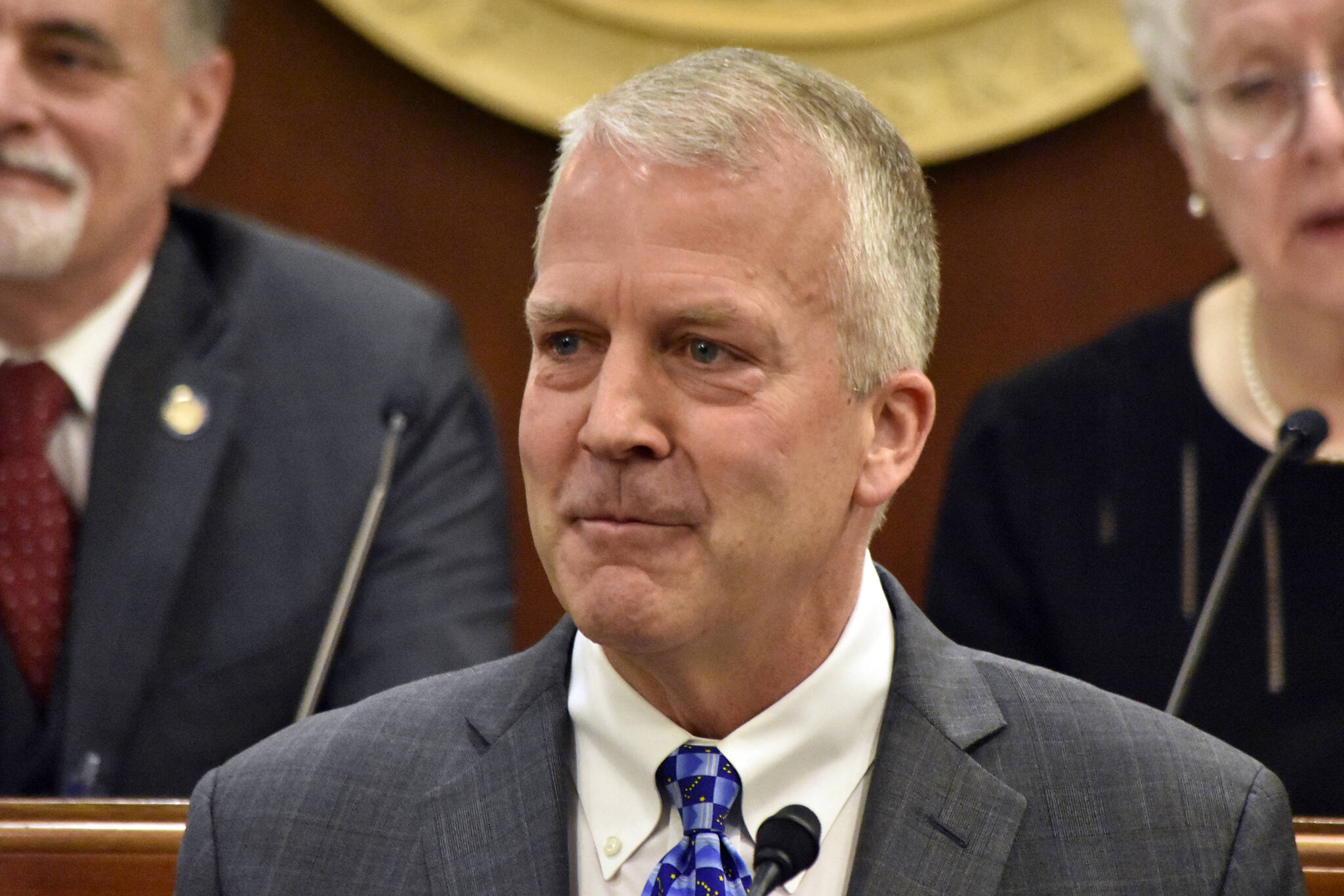 U.S. Sen. Dan Sullivan, R-Alaska, speaks to a joint session of the Alaska State Legislature at the Alaska State Capitol on Tuesday, April 19, 2022. In his annual address to state lawmakers, Sullivan was highly critical of the environmentally focused policies of the Biden Administration and Secretary of the Interior Deb Haaland, who’s visiting Alaska this week. (Peter Segall / Juneau Empire)