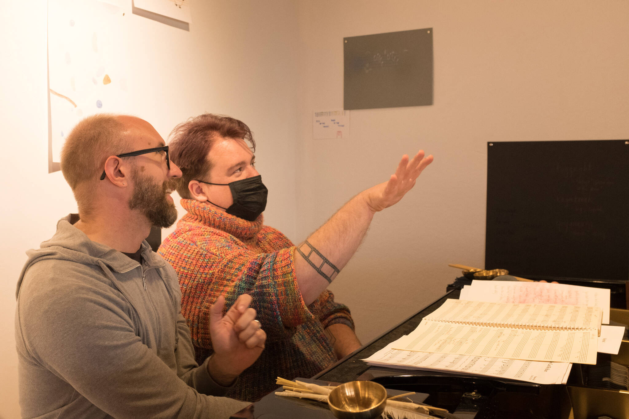 Nathan Hall (left) and Jesse Egner (right) play a duet Hall composed that was inspired by dried stalks of cow parsnips at Bunnell Streer Arts Center in Homer, Alaska. (Photo by Sean McDermott)