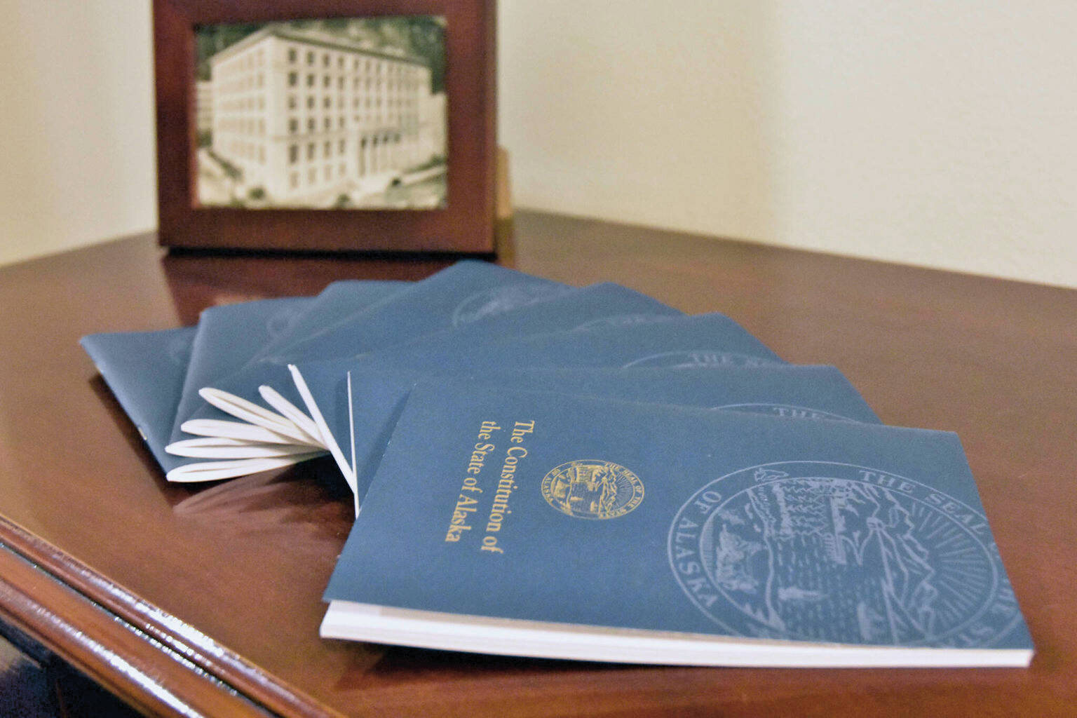 This photo shows a stack of pocket constitutions at the Alaska State Capitol. (Peter Segall/Juneau Empire file)