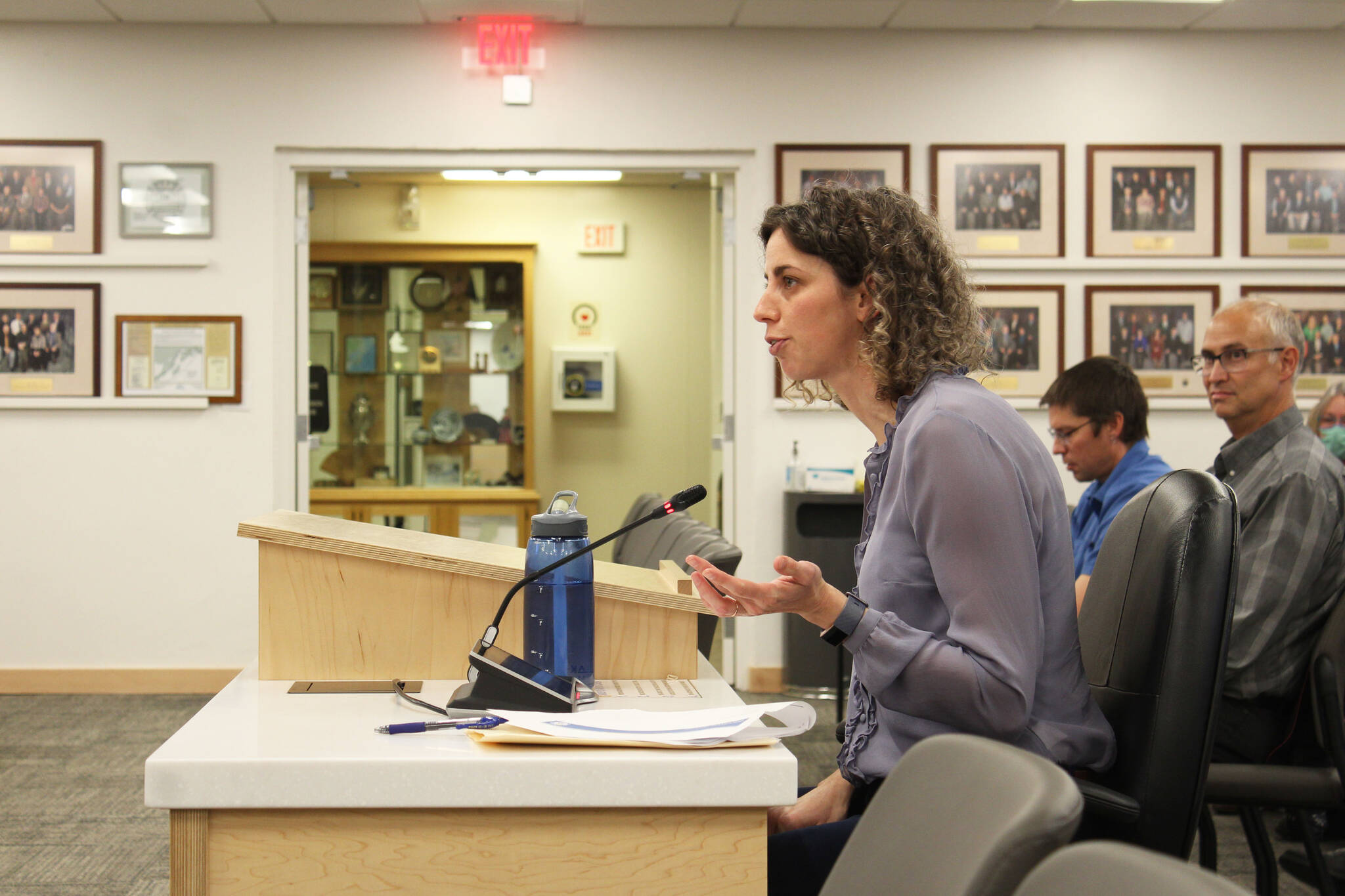 Renewable IPP CEO Jenn Miller presents information about solar power during a meeting of the Kenai Peninsula Borough Assembly on Tuesday, Oct. 12, 2021, in Soldotna, Alaska. (Ashlyn O’Hara/Peninsula Clarion)