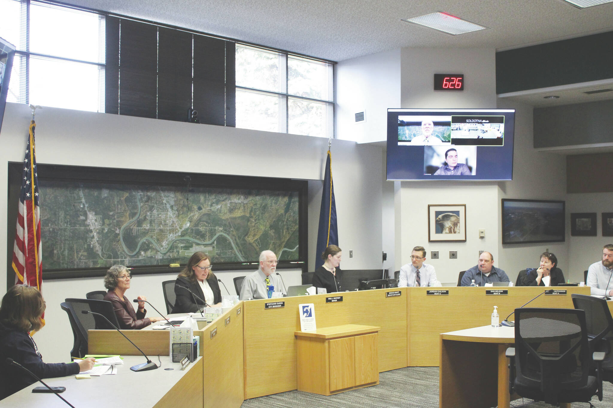 The Soldotna City Council convenes on Wednesday, April 13, 2022 in Soldotna, Alaska. (Ashlyn O’Hara/Peninsula Clarion)