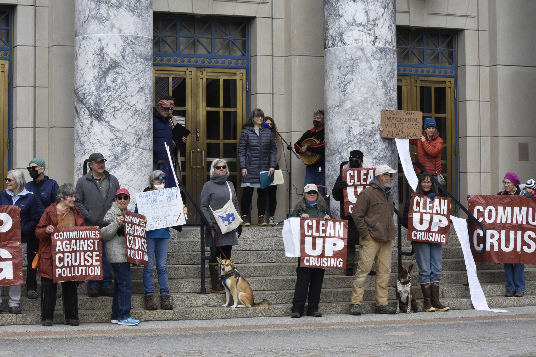 Peter Segall / Juneau Empire
Protesters critical of the cruise ship industry gathered Monday on the steps of the Alaska State Capitol, the same day the first large ship of the season arrived in Juneau. Demonstrators said the industry had a poor environmental record and called on the state to continue to Ocean Rangers program, a voter-approved initiative which put state monitors aboard ships to ensure compliance with state regulations.