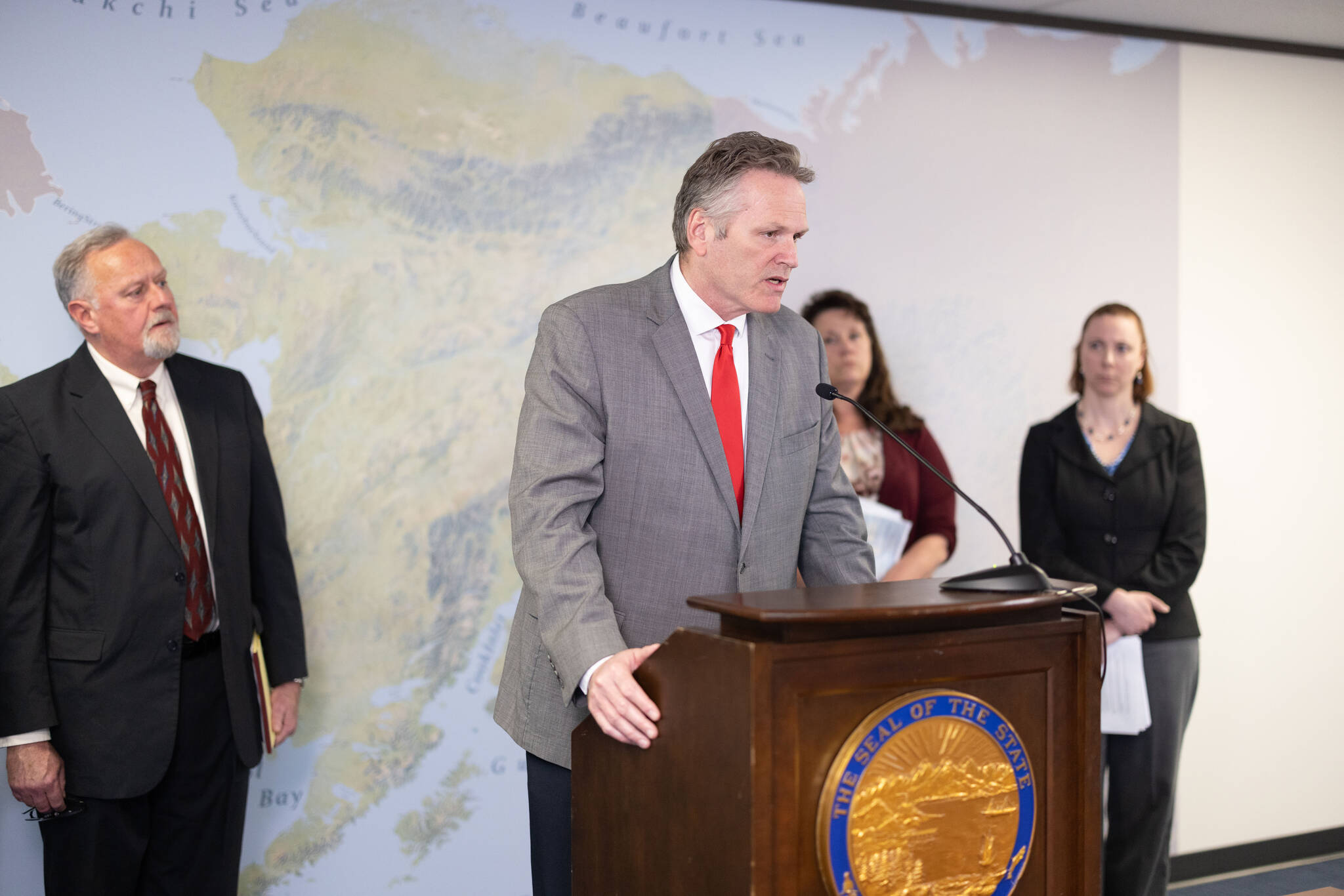 Alaska Gov. Mike Dunleavy holds a press conference announcing legal action related to the state’s ownership of submerged lands on Tuesday, April 26, 2022, in Anchorage, Alaska. (Photo courtesy Jeremy Cubas/Office of the Governor)