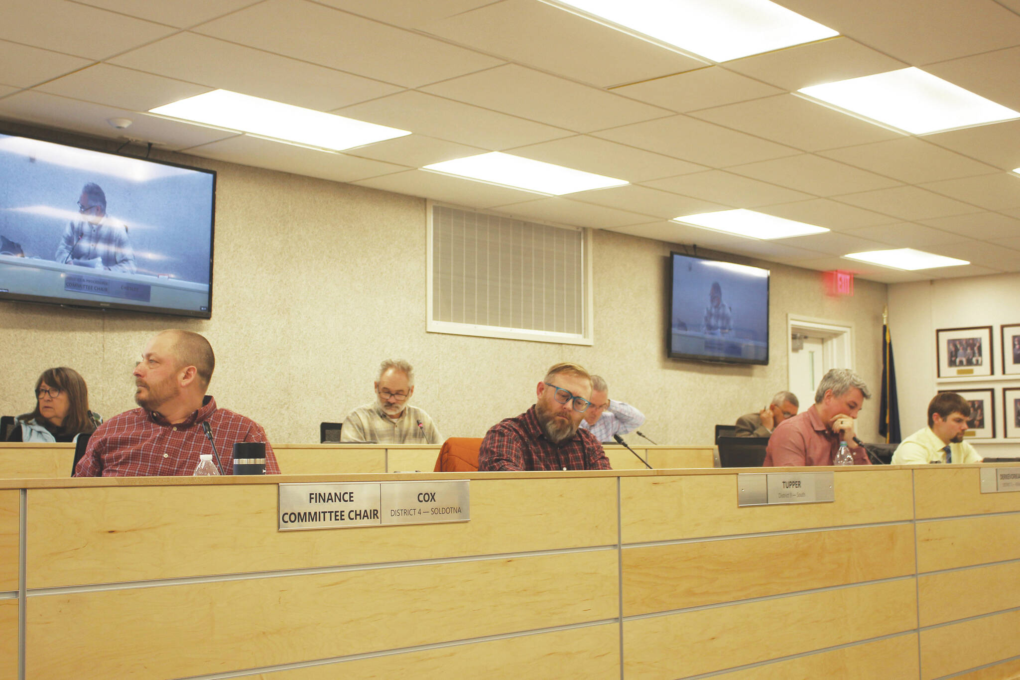 Members of the Kenai Peninsula Borough Assembly participate in a meeting on Tuesday, April 5, 2022, in Soldotna, Alaska. (Ashlyn O’Hara/Peninsula Clarion)