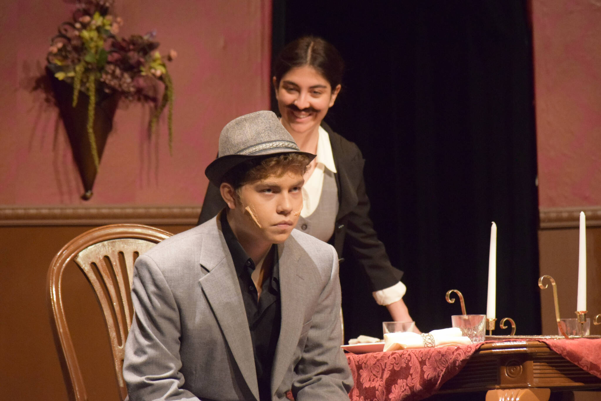 Students rehearse of Arsenic and Old Lace at Soldotna High School on Tuesday, April 26, 2022. (Camille Botello/Peninsula Clarion)