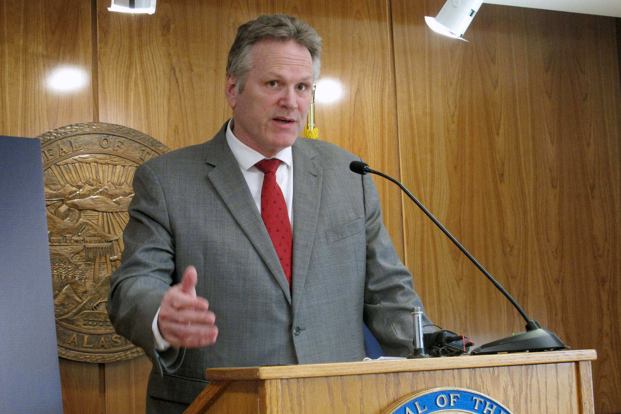 Alaska Gov. Mike Dunleavy speaks to reporters during a news conference at the state Capitol on Thursday, April 28, 2022, in Juneau, Alaska. Dunleavy discussed issues he would like to see the Legislature act on in the remaining weeks of the legislative session. (AP Photo/Becky Bohrer)