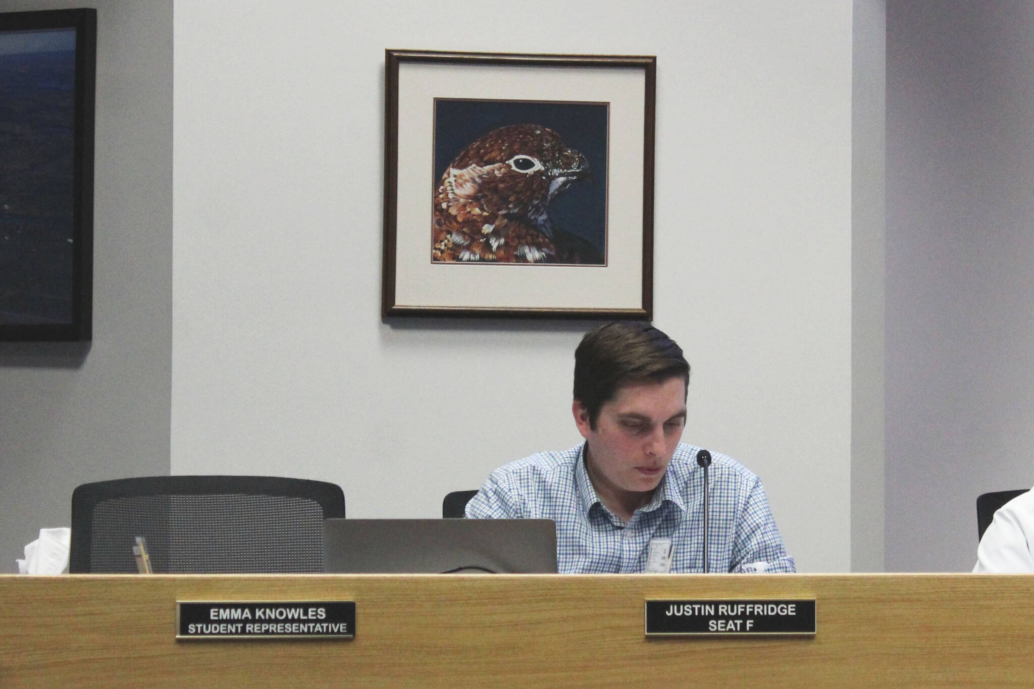Soldotna City Council member Justin Ruffridge attends a city council meeting on Wednesday, April 27, 2022, in Soldotna, Alaska. (Ashlyn O’Hara/Peninsula Clarion)