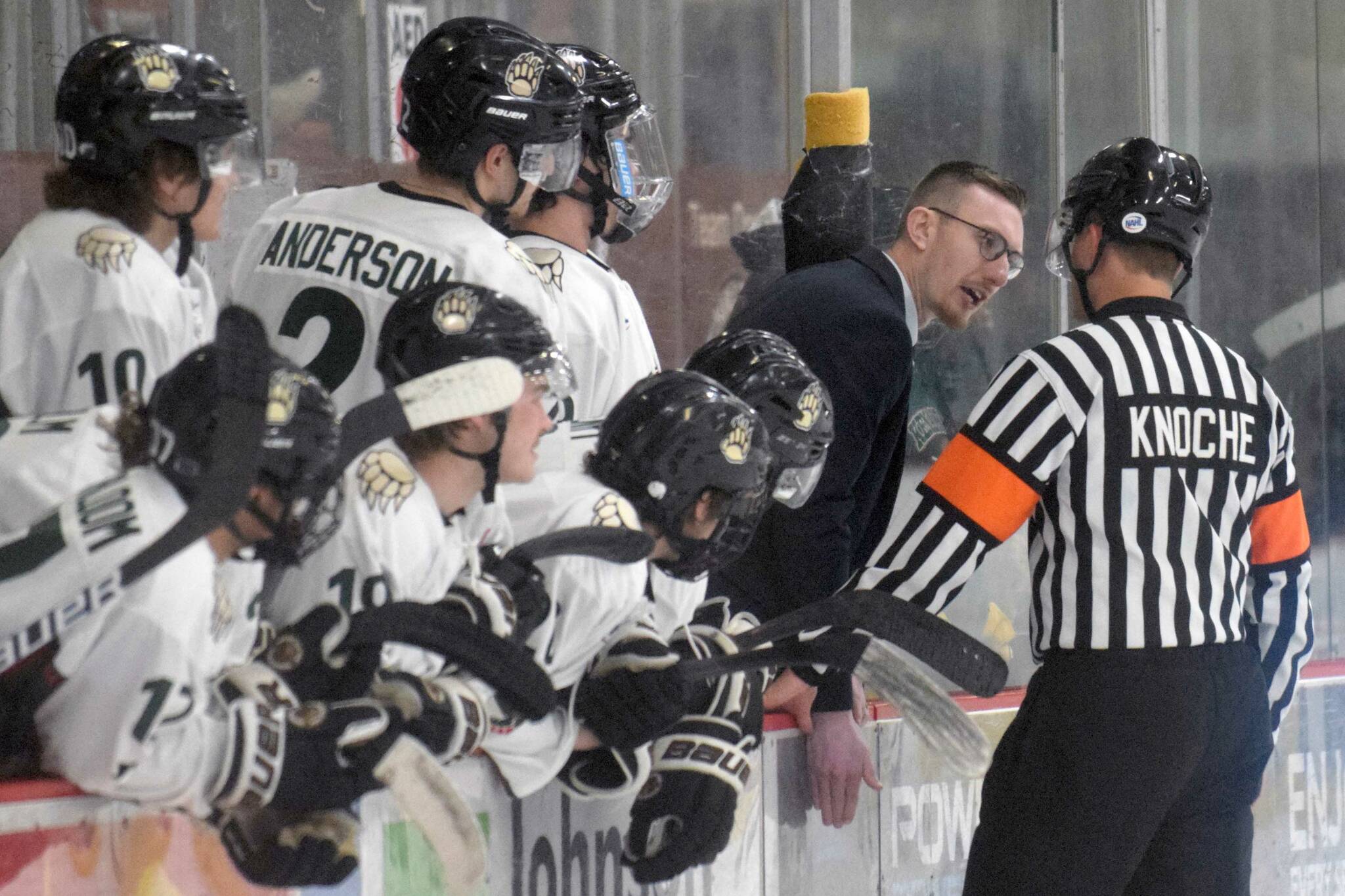 Taylor Shaw coaches against the Minnesota Magicians on Saturday, April 9, 2022, at the Soldotna Regional Sports Complex in Soldotna, Alaska. Shaw was elevated from interim head coach to head coach by the Kenai River Brown Bears on Thursday, April 28, 2022. (Photo by Jeff Helminiak/Peninsula Clarion)