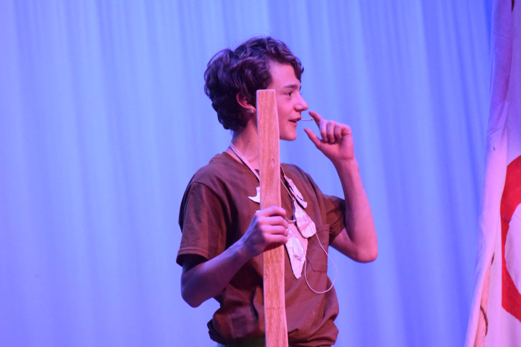 Cooper Tallent-Darling performs a scene from “Moana” during a dress rehearsal at the Renee C. Henderson Auditorium in Kenai, Alaska, on Wednesday, April 27, 2022. (Camille Botello/Peninsula Clarion)