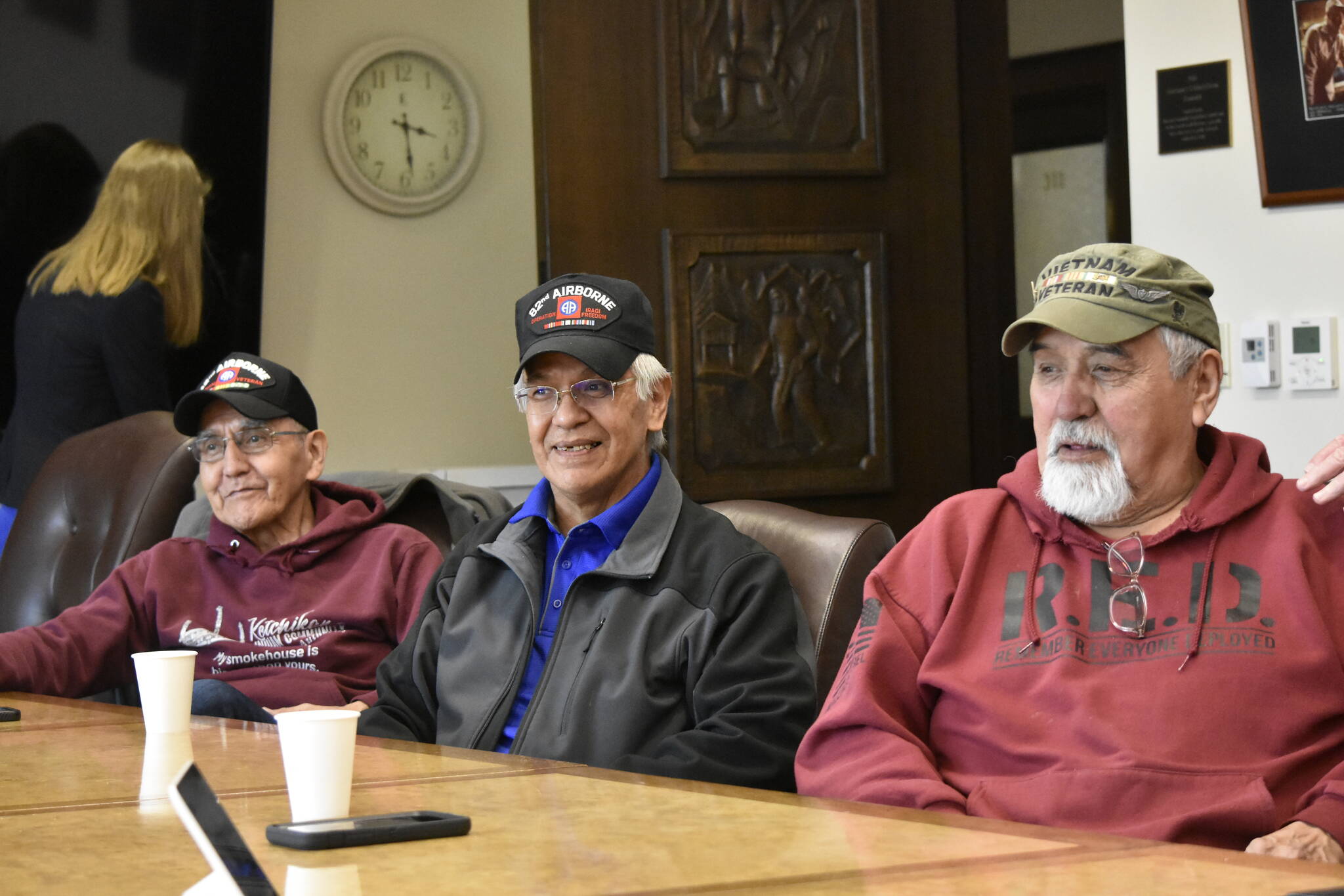 Peter Segall / Juneau Empire
From left to right: Willard Jackson, Dennis Jack and Bill Thomas, Alaska Native veterans from Southeast Alaska who met with lawmakers at the Alaska State Capitol on Friday, April 29, to discuss their issues getting land allotments from the federal government. Jackson and Thomas are veterans of the Vietnam War who are eligbile for land allotments, but no lands are available in Southeast Alaska, and veterans are frustrated by the lack of action.