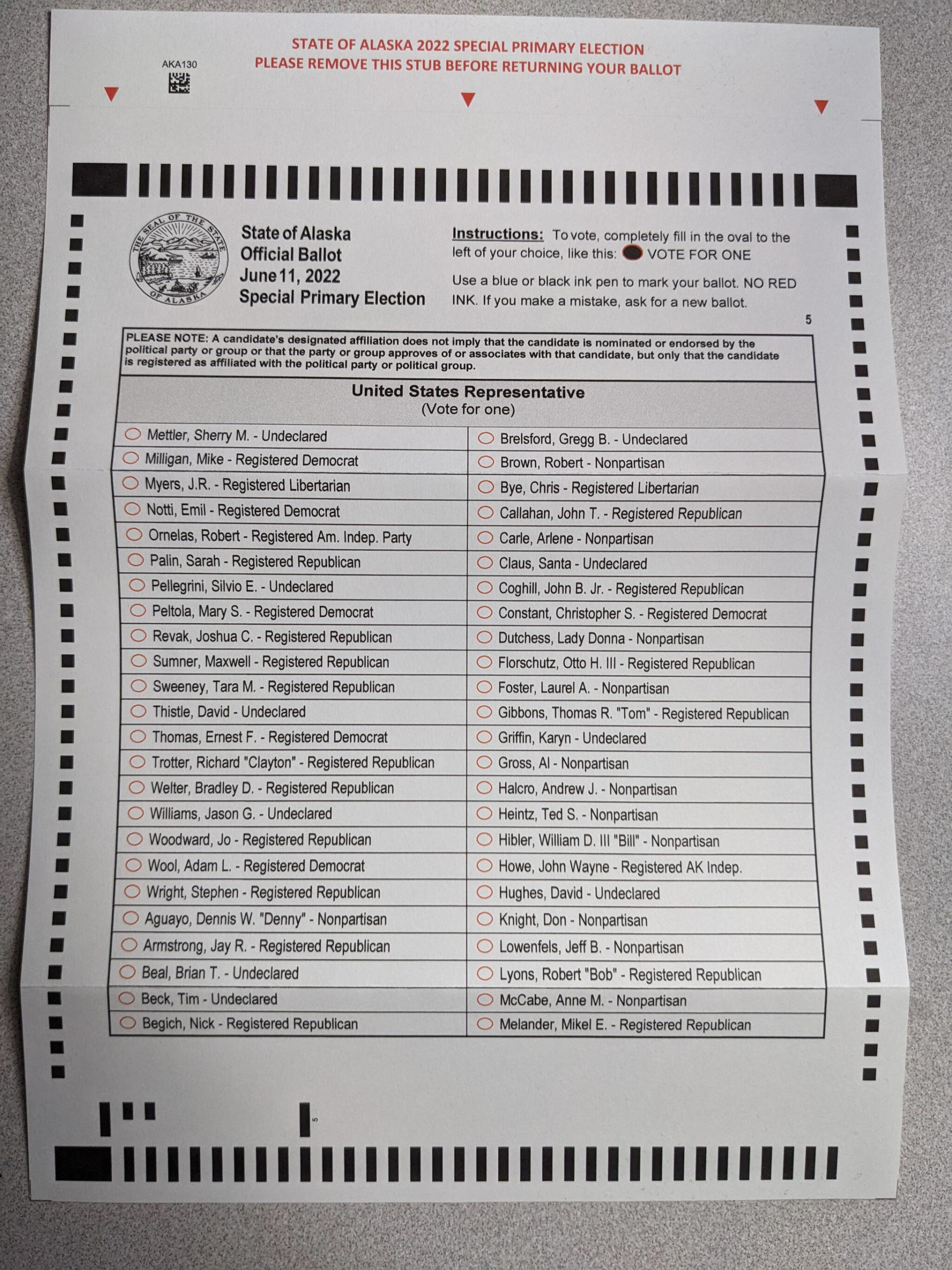 A copy of the State of Alaska Official Ballot for the June 11, 2022, Special Primary Election is photographed on May 2, 2022. (Peninsula Clarion staff)