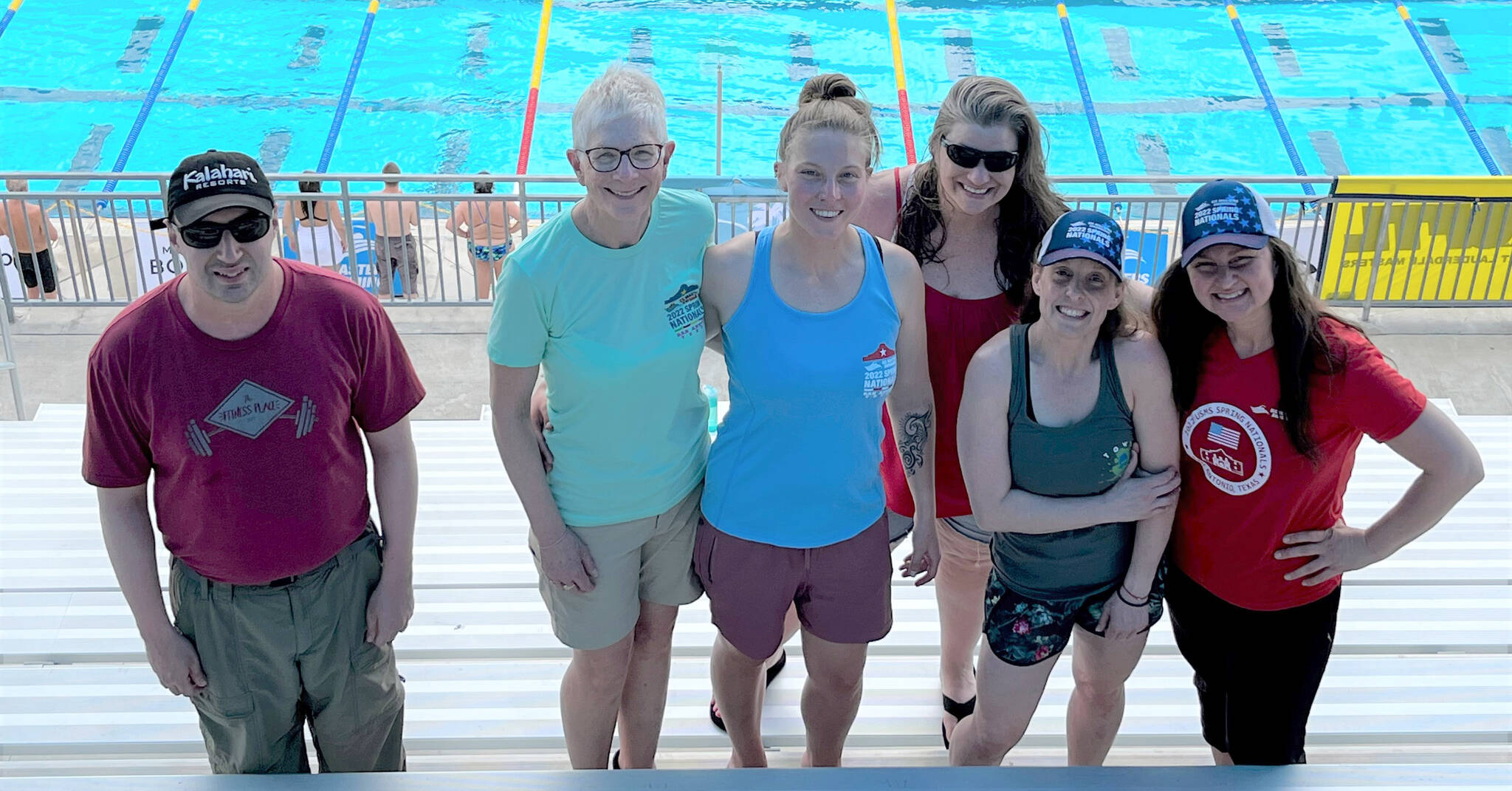 From left to right, Daniel McIntosh, Carolann Barum, Kendra Ashwell, Johna Beech, Angie Brennan and Michelle Turinsky competed at the 2022 U.S. Masters Swimming Spring National Championships in San Antonio from Thursday, April 28, 2022, to Sunday, May 1, 2022. (Photo provided)