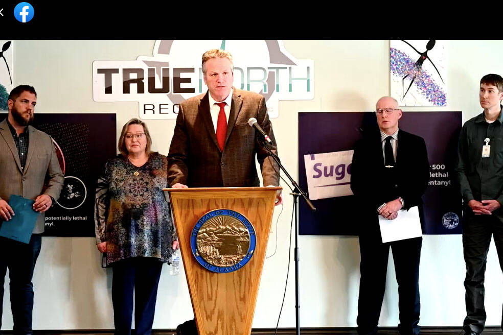 Alaska Gov. Mike Dunleavy issues a community alert about the relationship between fentanyl and fatal drug overdoses at a press conference at the True North Recovery and Wellness Center in Wasilla, Alaska, on May 4, 2022. (Screenshot)