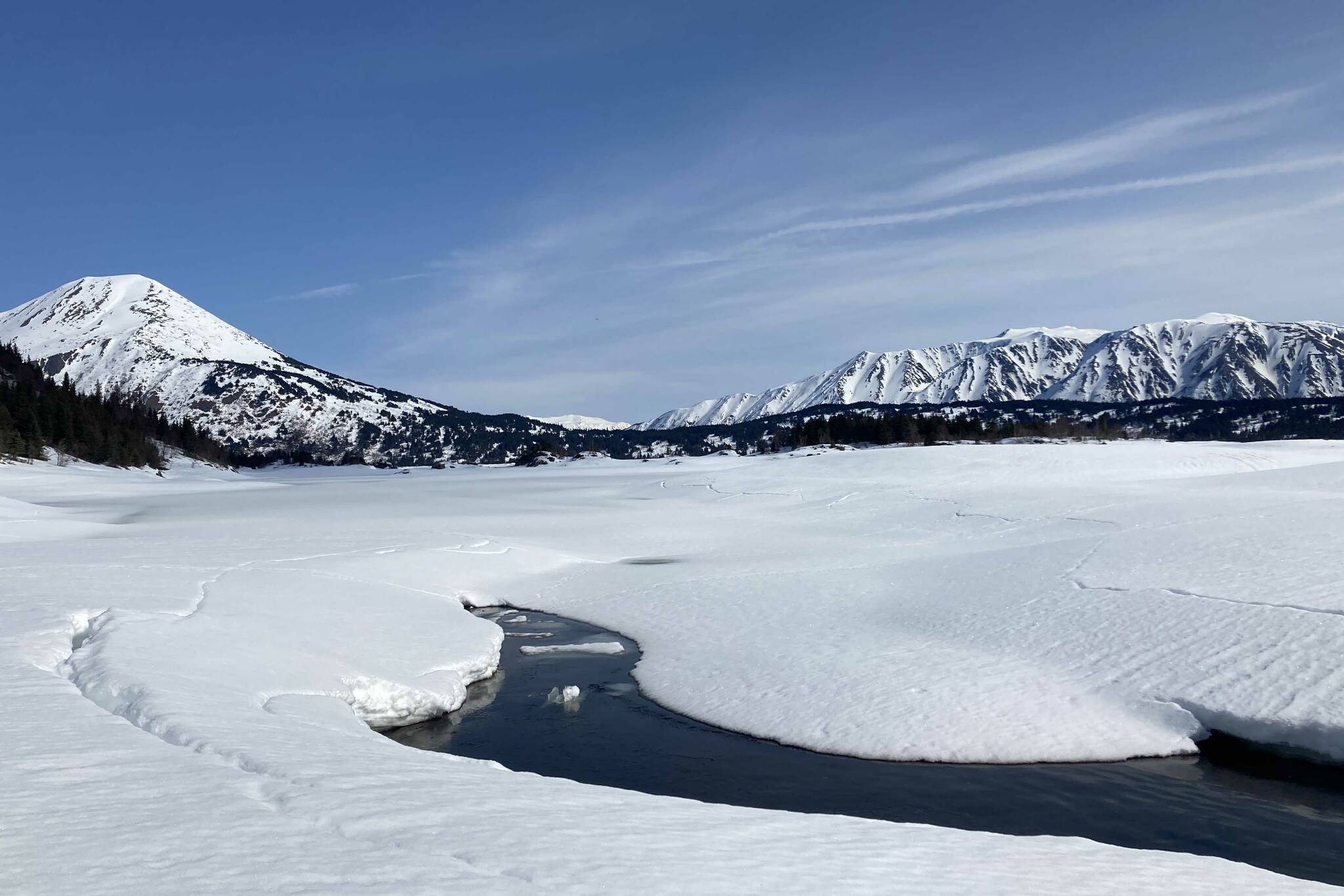 Cooper Lake on April 24, 2022. (Photo by Jeff Helminiak/Peninsula Clarion)