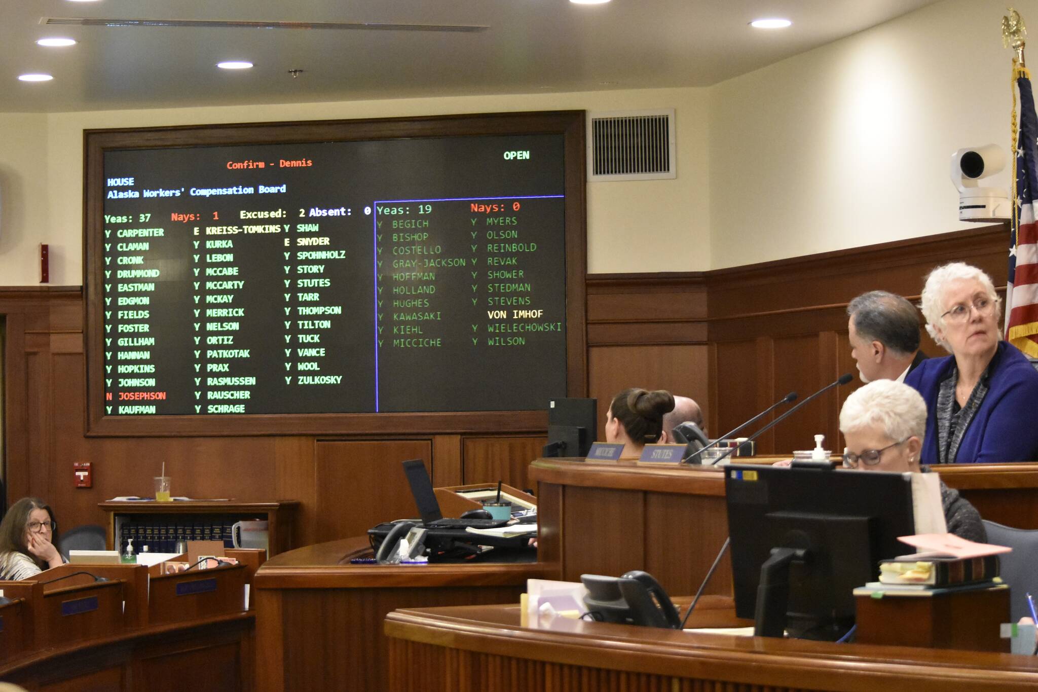 Lawmakers held a joint session of the Alaska State Legislature on Wednesday, May 4, 2022, to vote to confirm Gov. Mike Dunleavy’s appointments to state boards and commissions. All nominees were confirmed. (Peter Segall / Juneau Empire)
