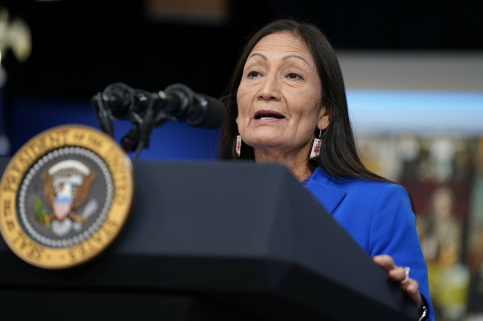 Interior Secretary Deb Haaland speaks during a Tribal Nations Summit during Native American Heritage Month, in the South Court Auditorium on the White House campus, on Nov. 15, 2021, in Washington. Haaland on Thursday, May 5, 2022, announced the members of a commission that will craft recommendations on how the federal government can better tackle unsolved cases in which Native Americans and Alaska Natives have gone missing or have been killed. (AP Photo/Evan Vucci, File)