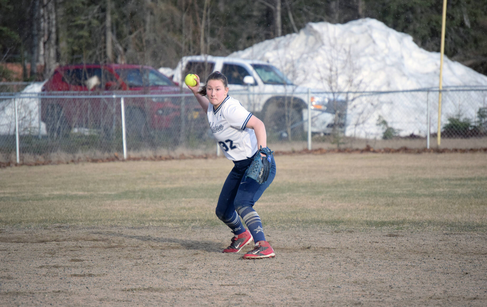 Soldotna shortstop Brook Fischer prepares to throw out a runner Thursday, May 5, 2022, at the Soldotna Little League fields in Soldotna, Alaska. (Photo by Jeff Helminiak/Peninsula Clarion)